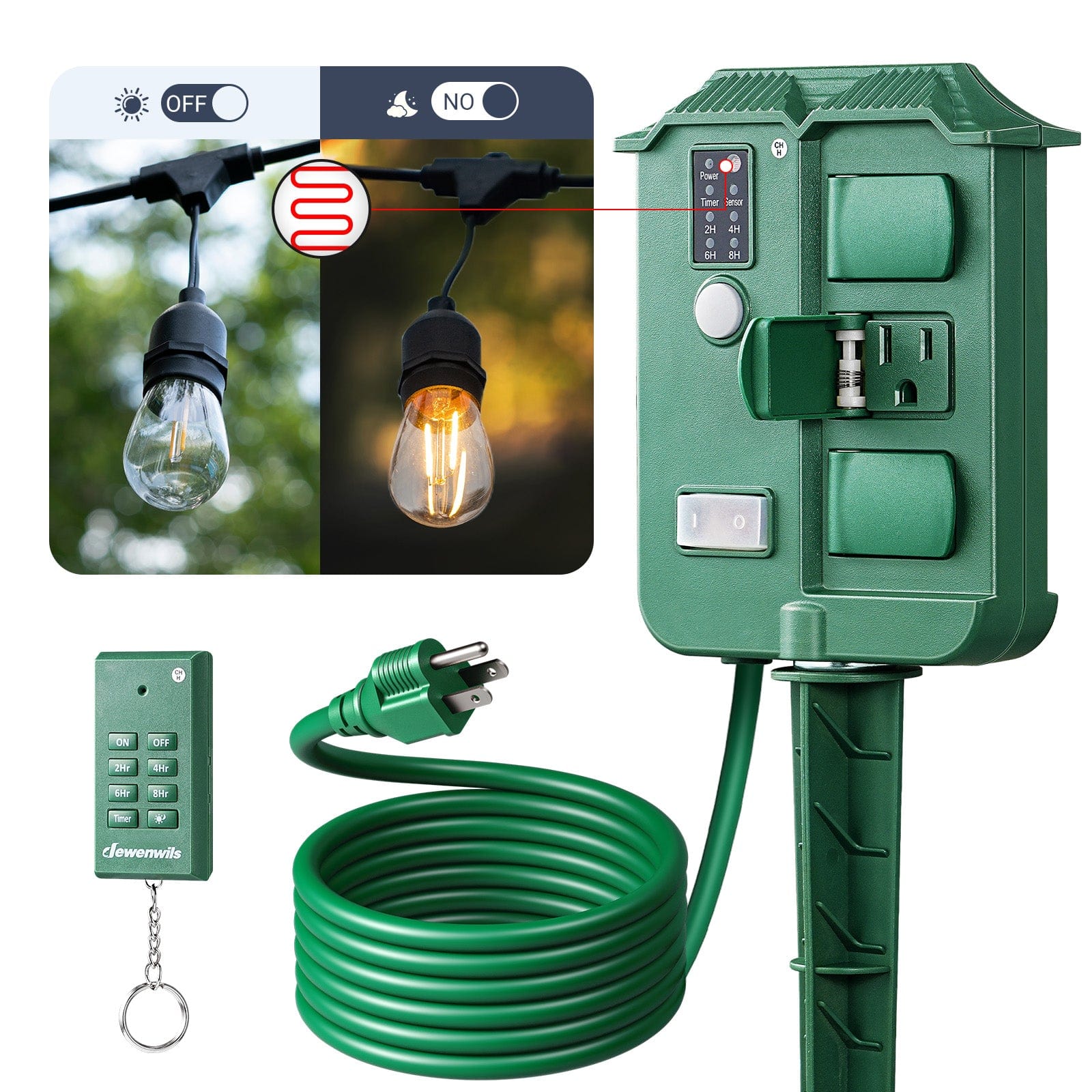 DEWENWILS Outdoor Power Stake Timer Waterproof, 100FT Wireless Remote Control, 6 Grounded Outlets, 6FT Extension Cord, Photocell Dusk to Dawn for Outdoor Lights, Sprinklers, Garden-SHOYS16D1