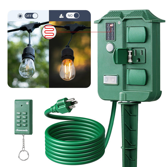 DEWENWILS Outdoor Power Stake Timer Waterproof, 100FT Wireless Remote Control, 6 Grounded Outlets, 6FT Extension Cord, Photocell Dusk to Dawn for Outdoor Lights, Sprinklers, Garden-SHOYS16D1