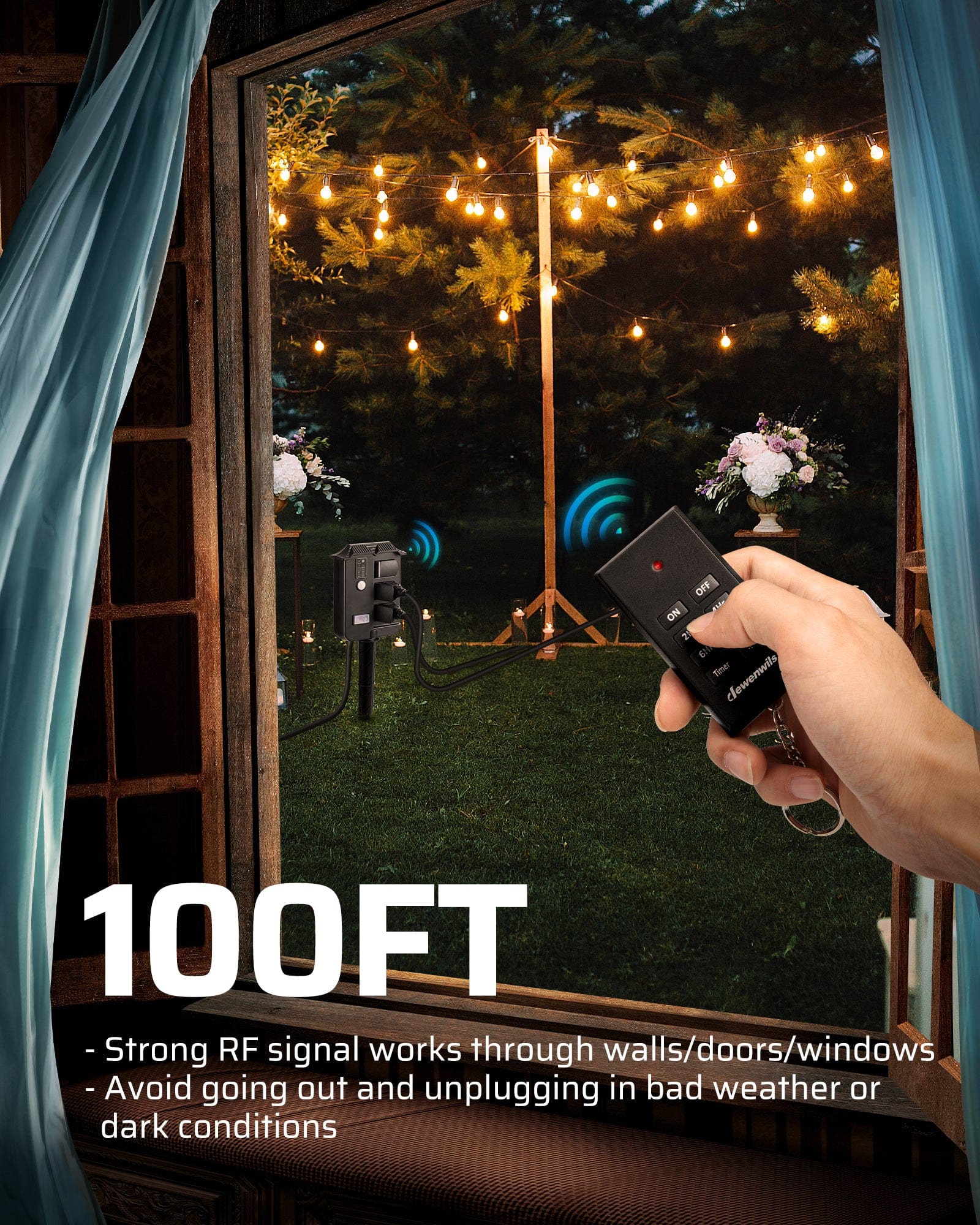 DEWENWILS 100ft Remote Control Power Stake Timer, 6 Grounded Outlets, 6FT Extension Cord, Photocell Dusk to Dawn-HOYS16G