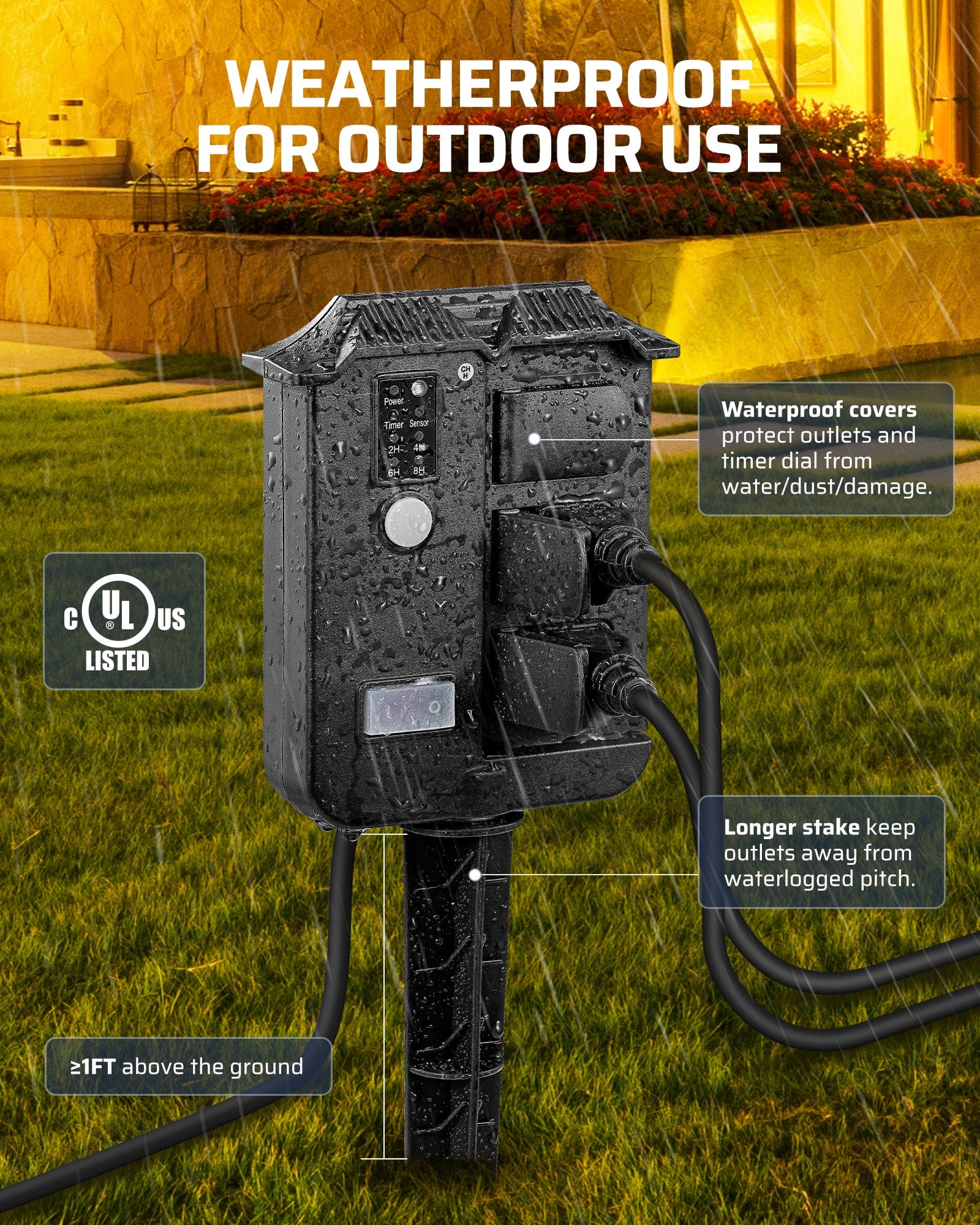 DEWENWILS 100ft Remote Control Power Stake Timer, 6 Grounded Outlets, 6FT Extension Cord, Photocell Dusk to Dawn-HOYS16G