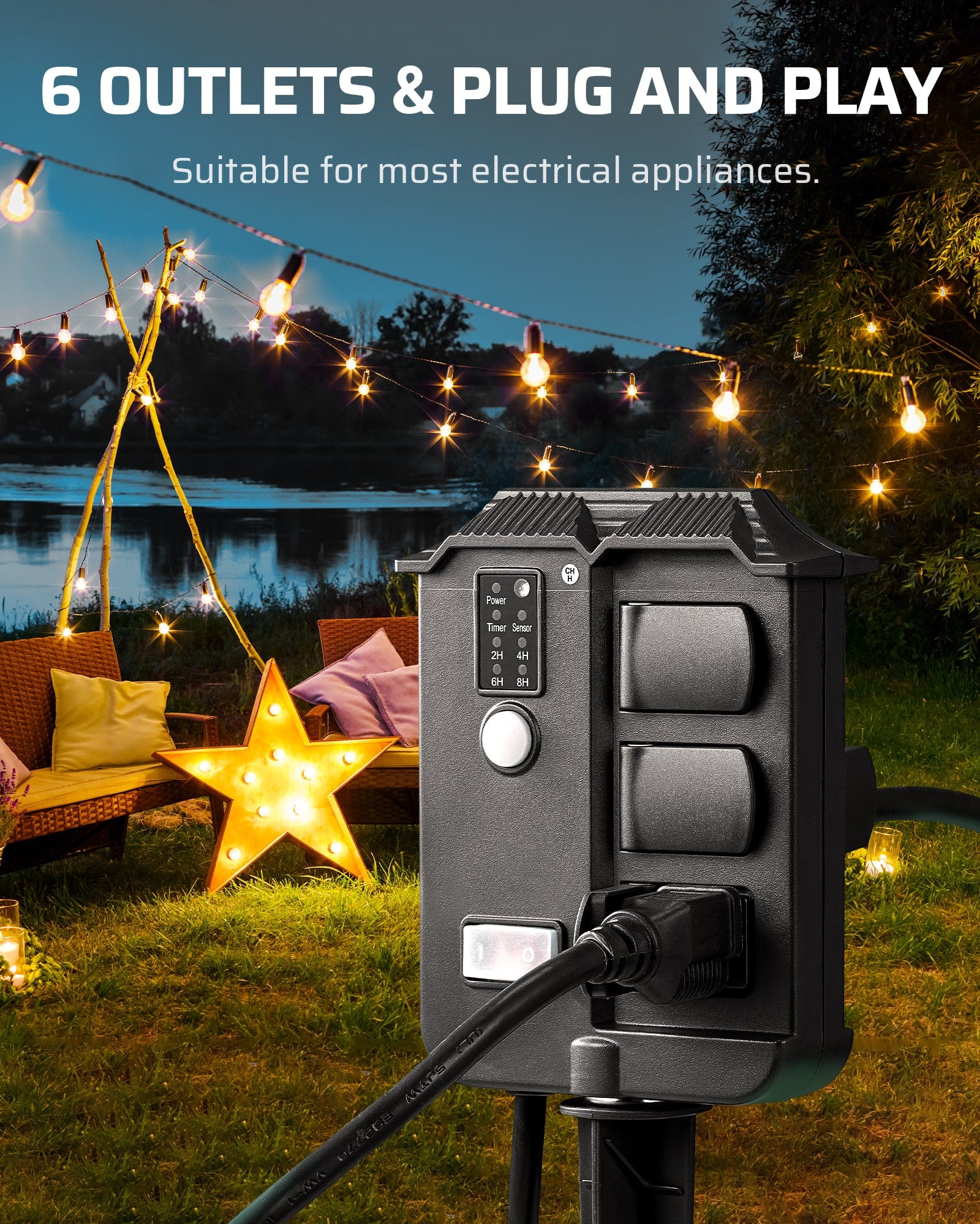 DEWENWILS 100ft Remote Control Power Stake Timer, 6 Grounded Outlets, 6FT Extension Cord, Photocell Dusk to Dawn-HOYS16G