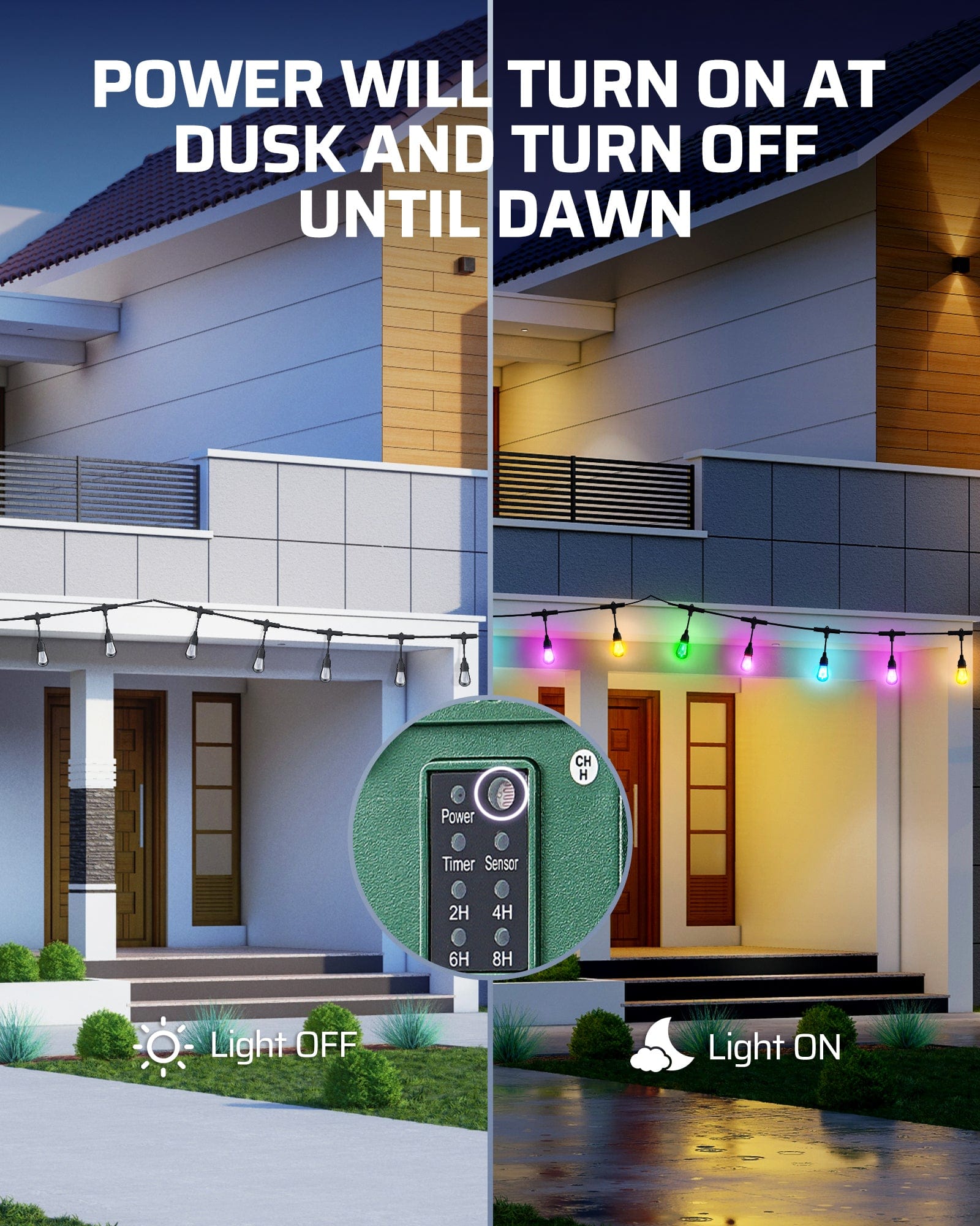 outdoor power stake timer: Power will automatically turn on at dusk and remain on until dawn.