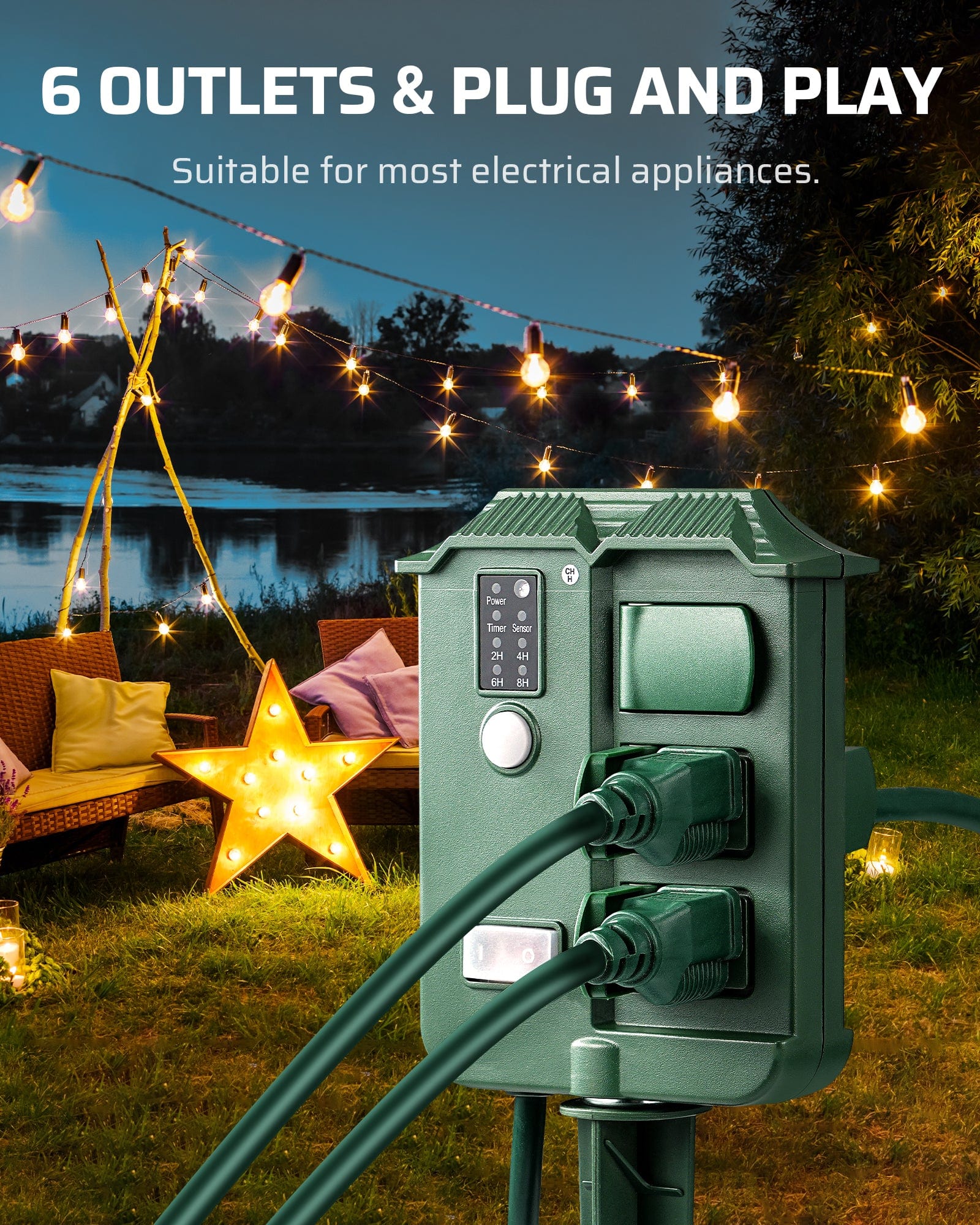 outdoor power stake timer: Features 6 outlets and plug-and-play functionality suitable for most electrical appliances.
