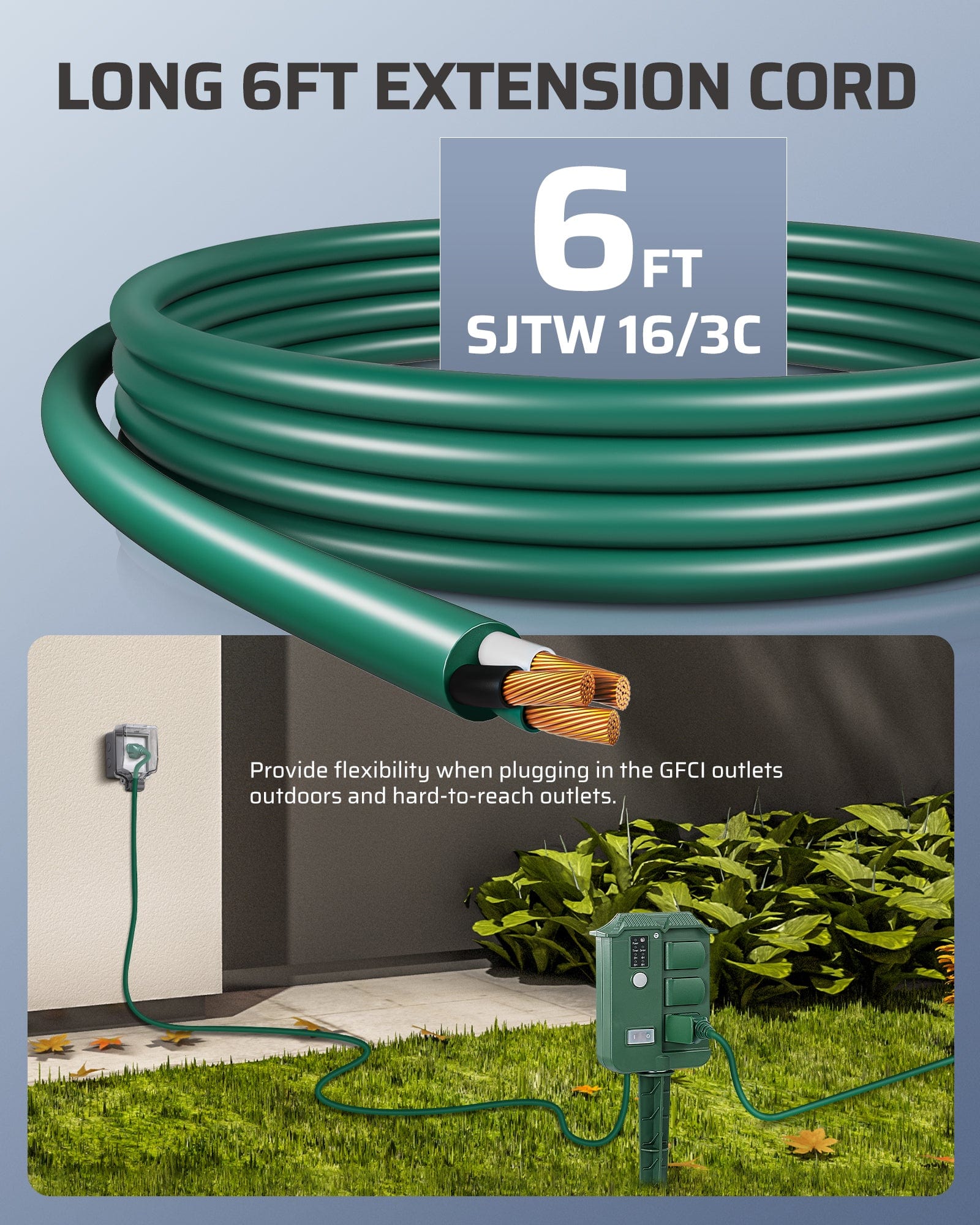 outdoor power stake timer: Features a 6ft SJTW 16/3C extension cord providing flexibility for GFCI and hard-to-reach outdoor outlets.