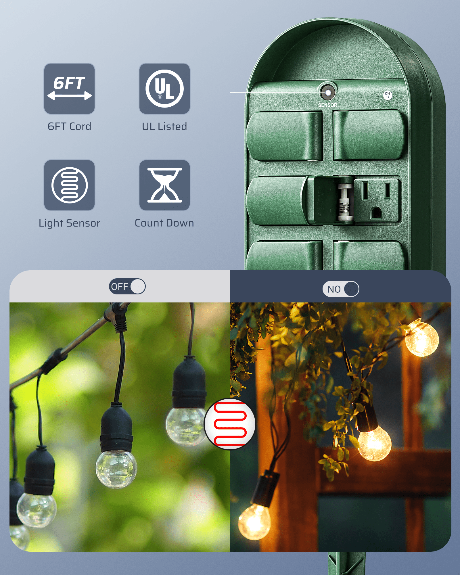 Outdoor Power Stake with Timer: UL-listed, 6ft cord, light sensor, and countdown. Features 6 outlets and weatherproof design for easy outdoor light scheduling.