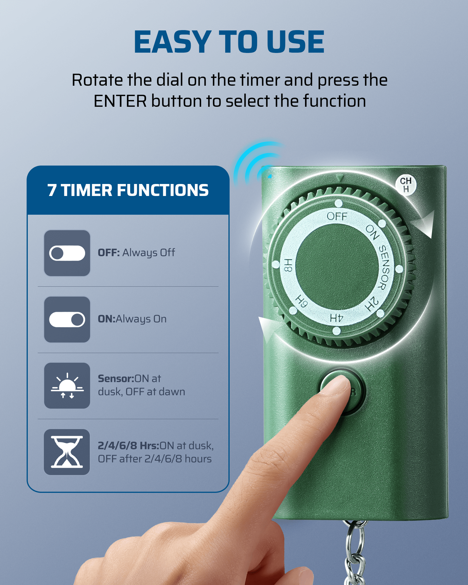 Outdoor Power Stake with Timer: Easy to use—rotate dial and press ENTER to select functions. Simplifies scheduling for outdoor lights and electrical devices.
