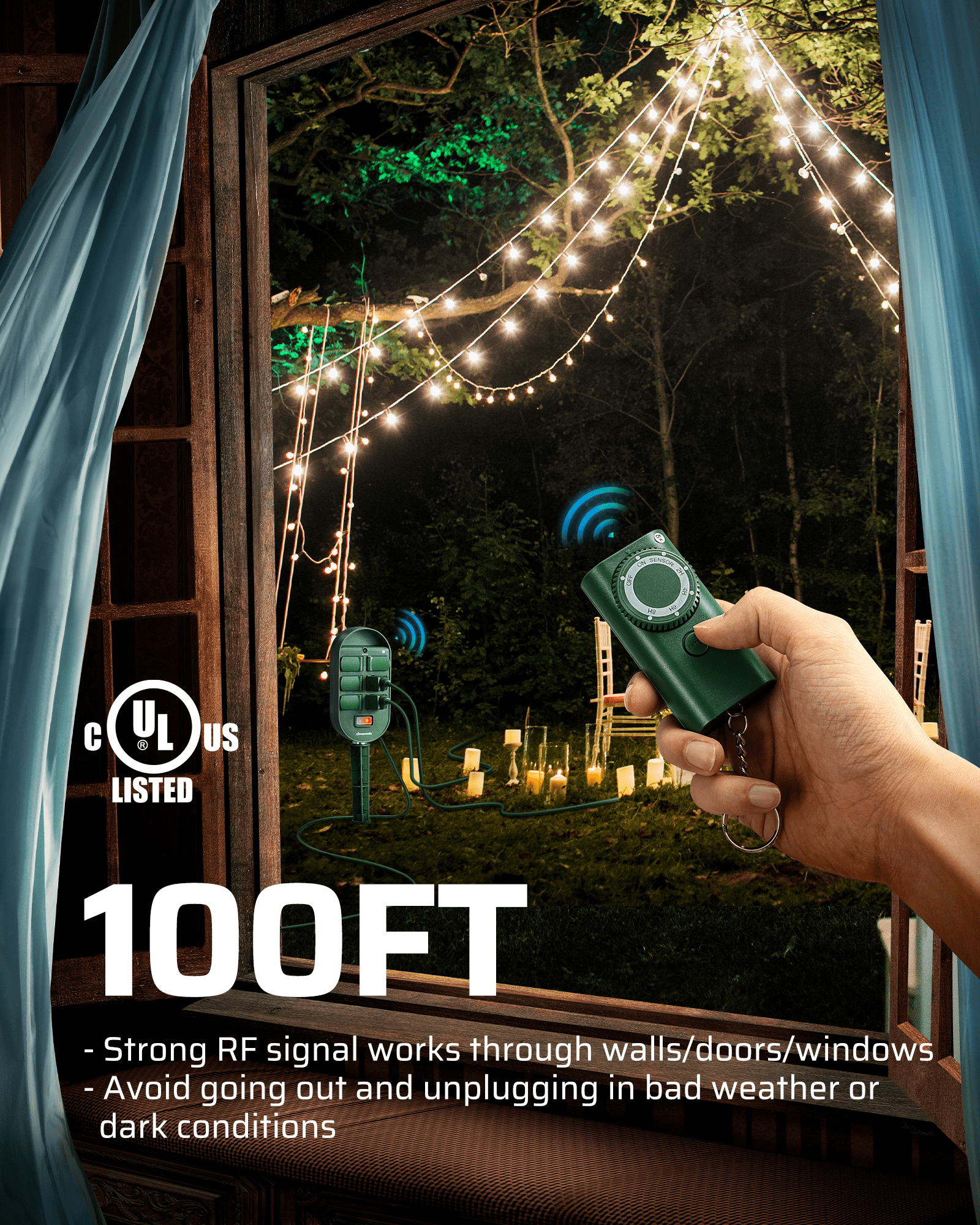 Outdoor Power Stake with Timer: 100ft RF range works through walls/doors. Remote control avoids bad weather/darkness. Features 6 outlets and weatherproof design.