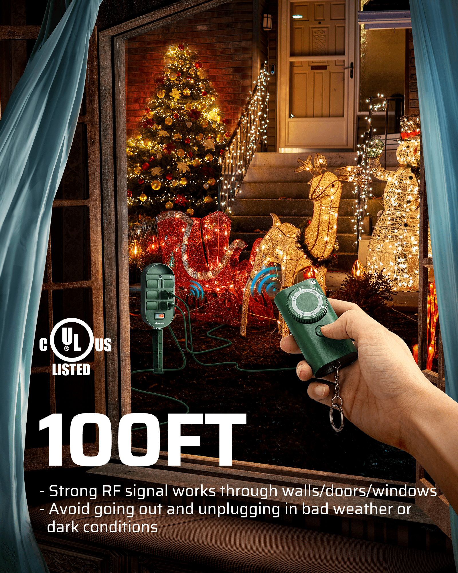 Outdoor Power Stake with Timer: 100ft RF range works through walls/doors. Remote control avoids bad weather/darkness. 