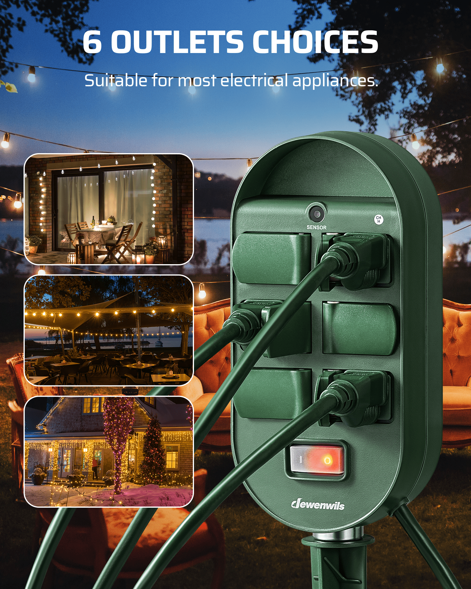 Outdoor Power Stake with Timer: 6 outlets suitable for most electrical appliances. Plug-and-play design for convenient outdoor power management.