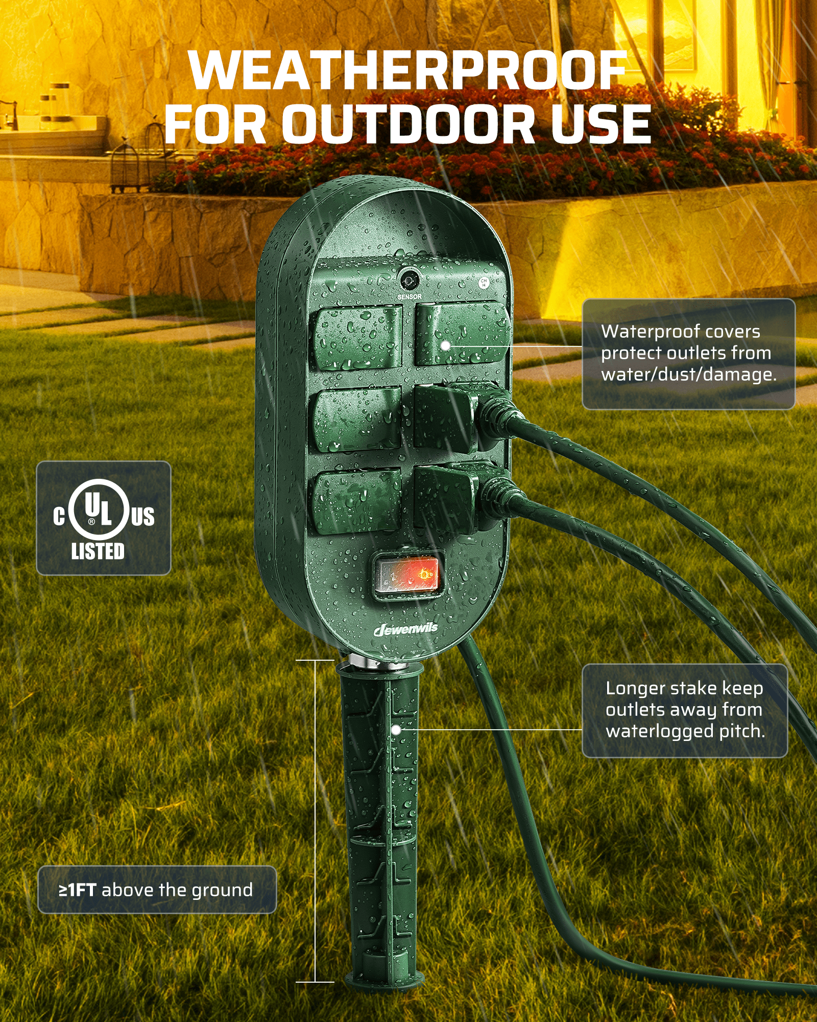 Outdoor Power Stake with Timer: Waterproof covers protect outlets from dust/water. Longer stake keeps connections safely above waterlogged ground.