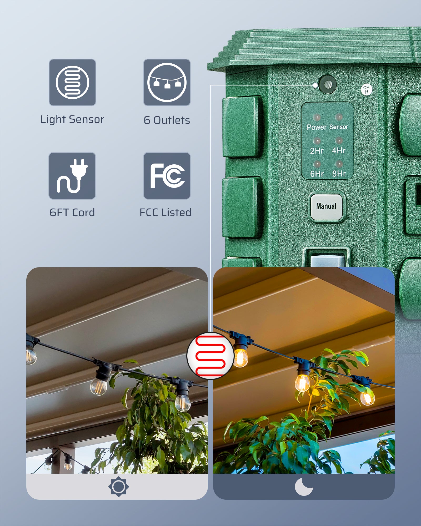 Outdoor Power Stake with Timer: FCC listed with 6 outlets, 6ft cord, and light sensor. Provides reliable automated control for outdoor electrical devices.