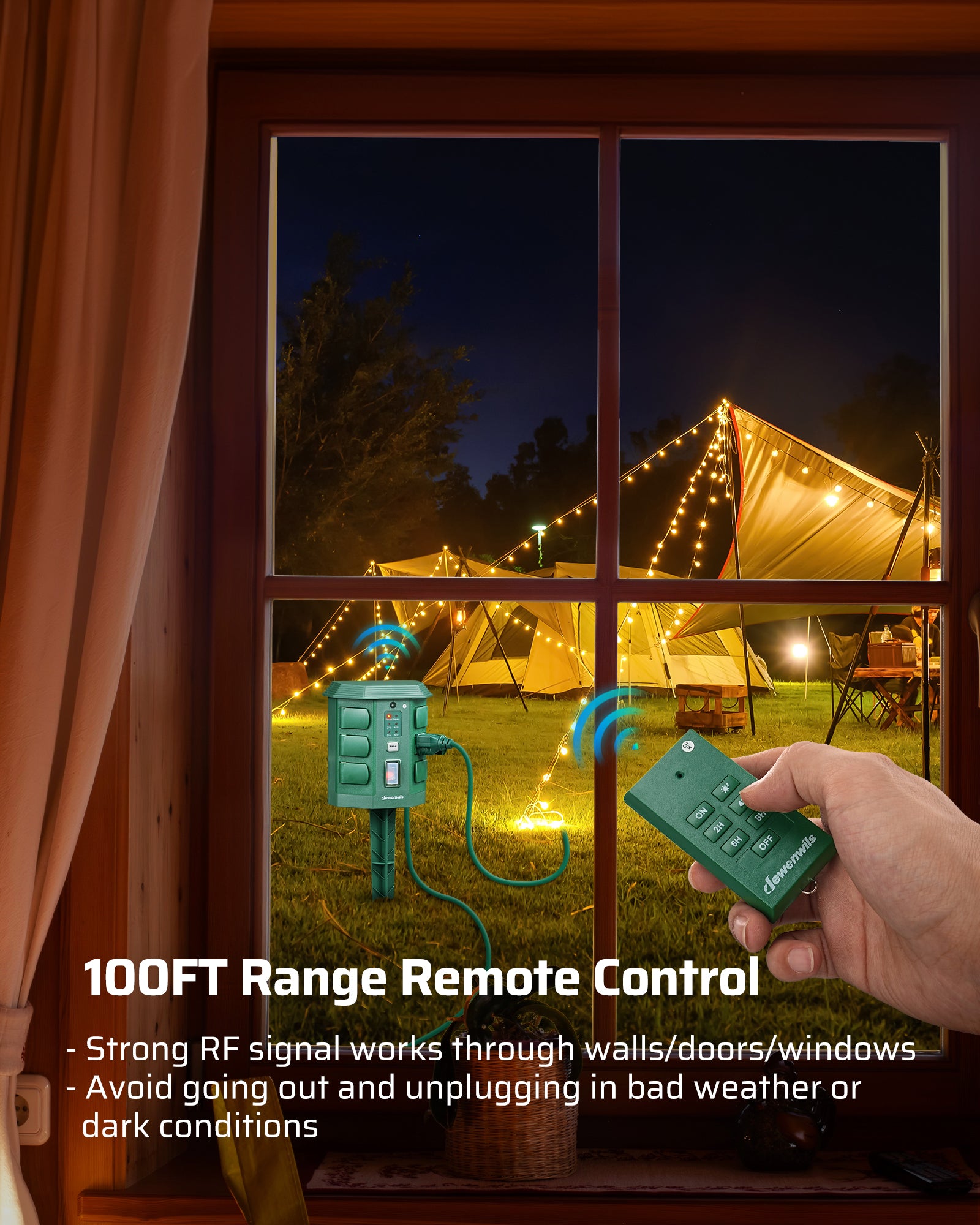 Outdoor Power Stake with Timer: 100ft range remote control with strong RF signal that works through walls, doors, and windows. Eliminates the need to go outdoors to unplug devices in bad weather or dark conditions.