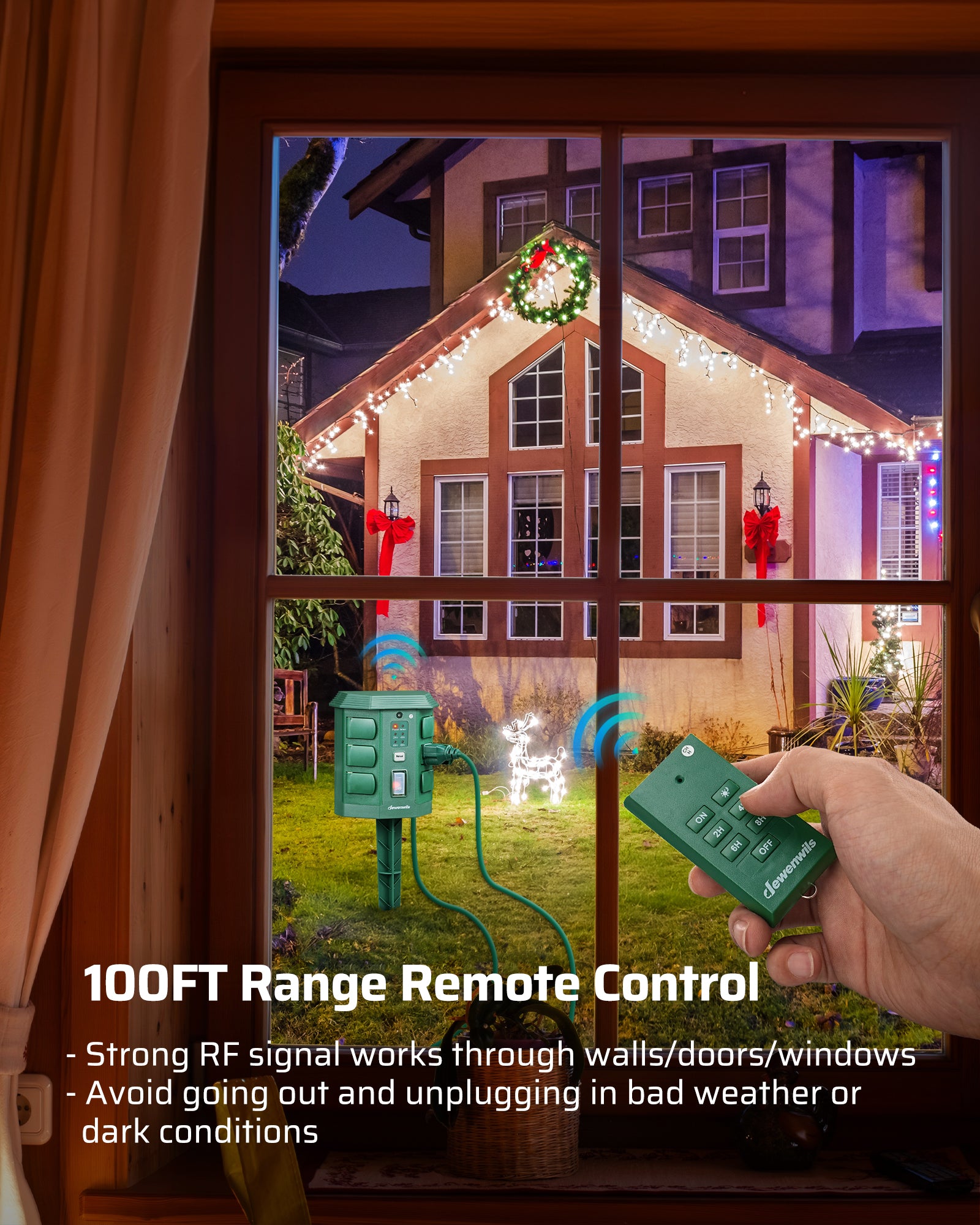 Outdoor Power Stake with Timer: 100ft range remote control with strong RF signal that works through walls, doors, and windows. Eliminates the need to go outdoors to unplug devices in bad weather or dark conditions.