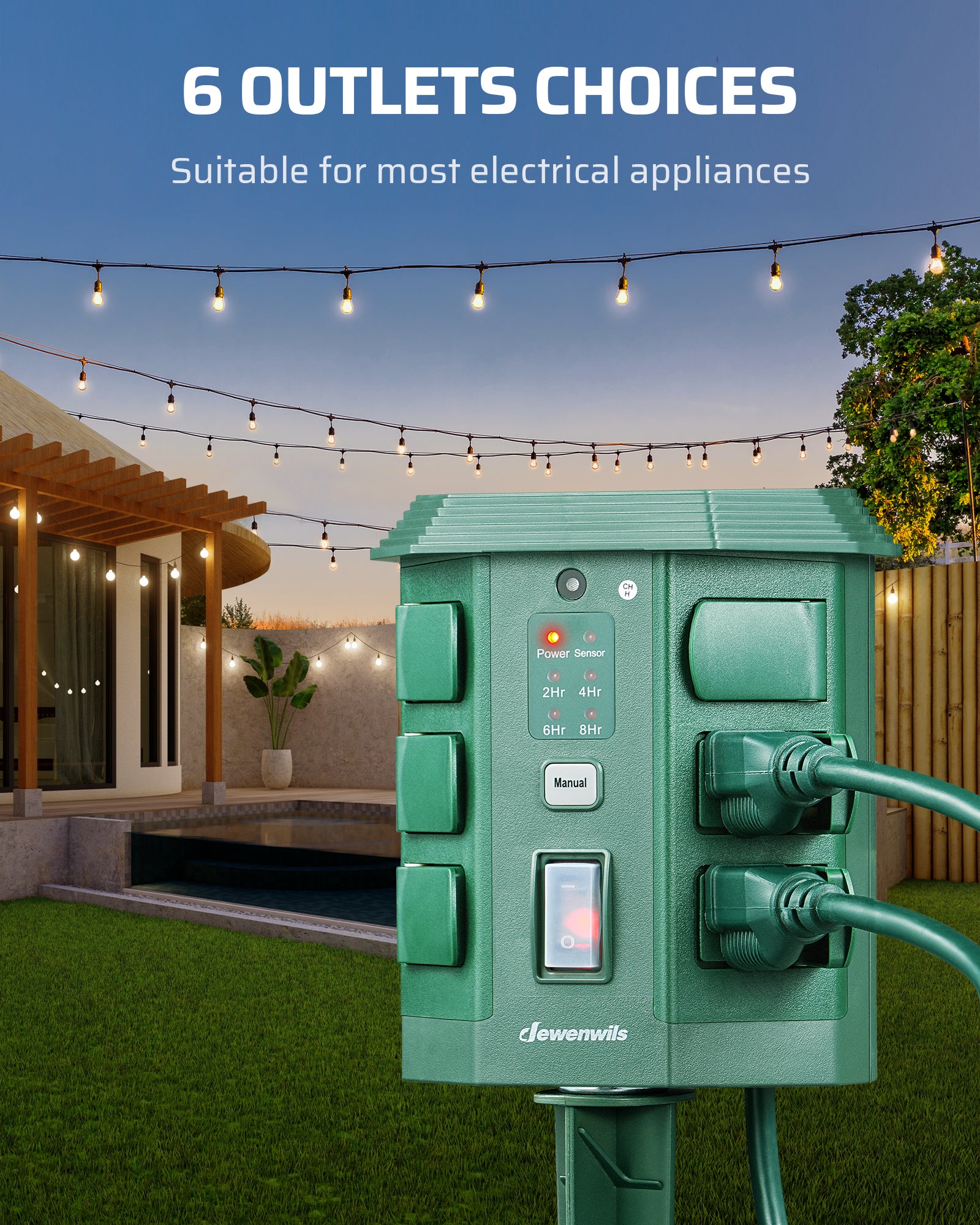 Outdoor Power Stake with Timer: 6 outlets choices suitable for most electrical appliances. Provides versatile power distribution for multiple outdoor devices.