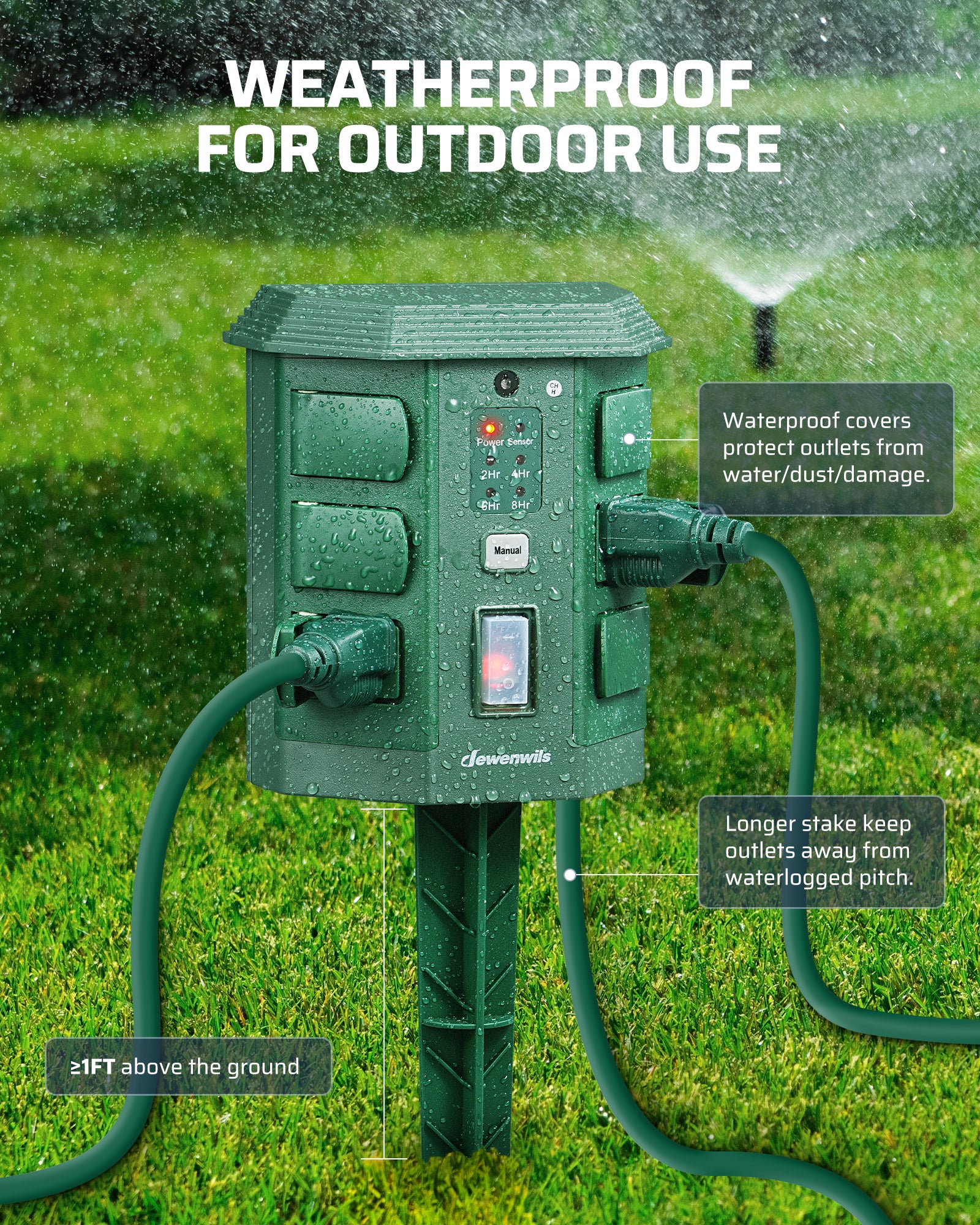 Outdoor Power Stake with Timer: Waterproof covers protect outlets from water, dust, and damage. Longer stake keeps connections safely above waterlogged ground.