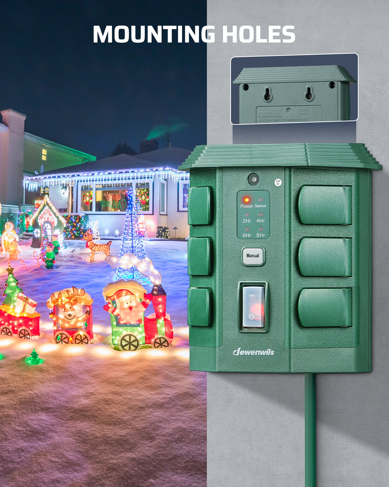 Outdoor Power Stake with Timer: Mounting holes included for easy wall-mounting or permanent installation.