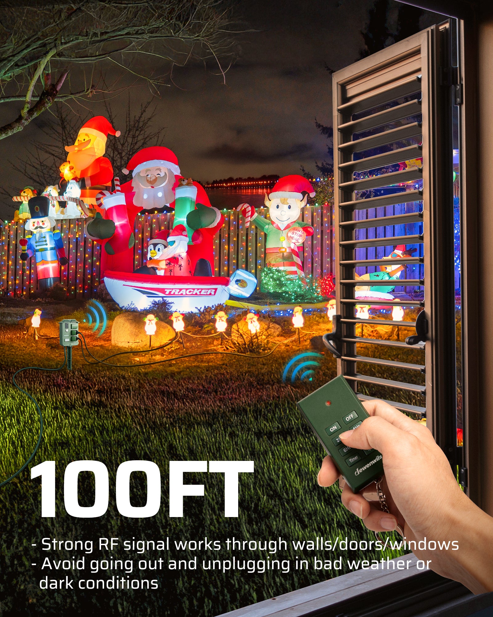 Outdoor Power Stake with Timer: 100FT RF signal works through walls/doors/windows. Avoids going out in bad weather or dark conditions to unplug.