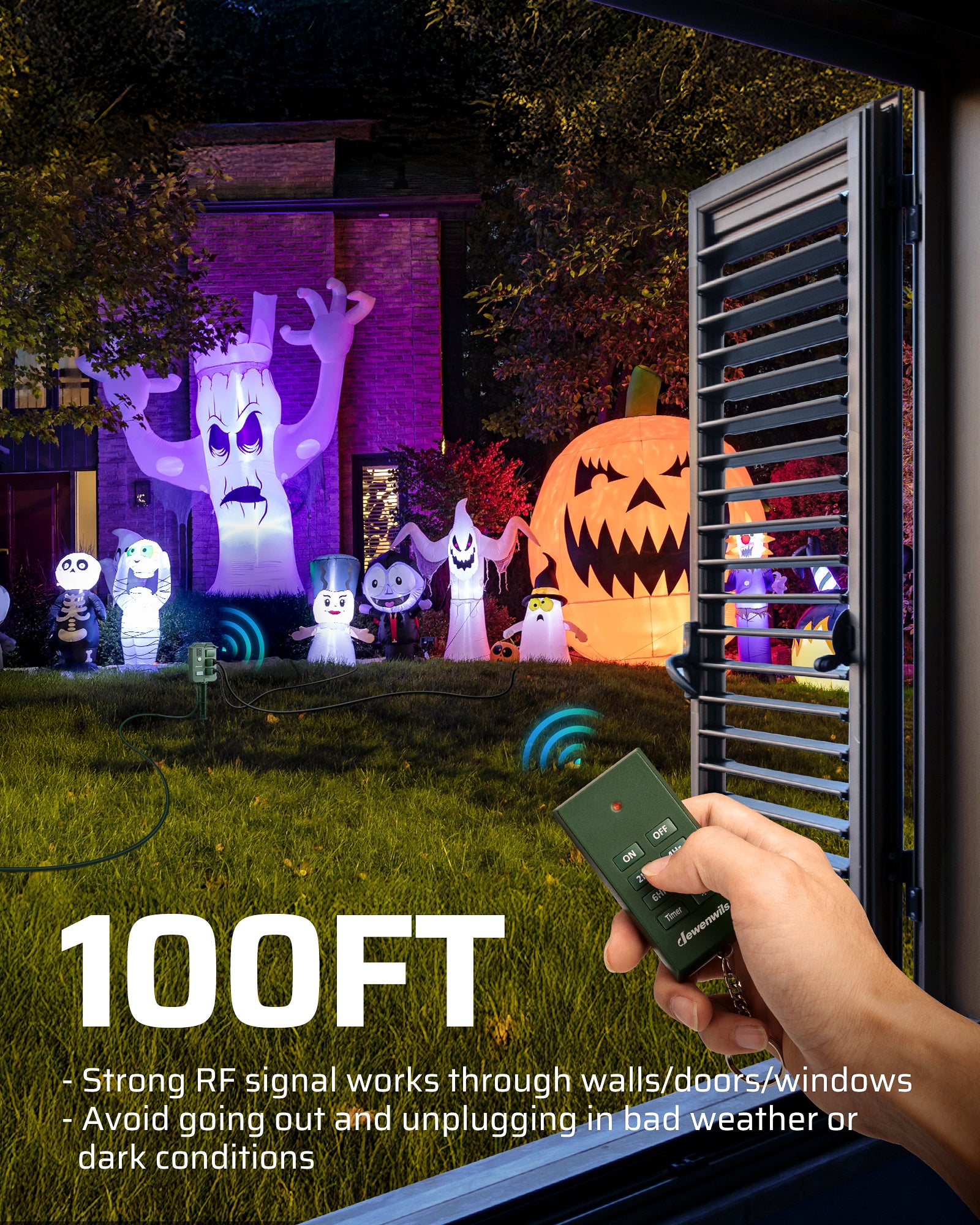 Outdoor Power Stake with Timer: 100FT RF signal works through walls/doors/windows. Avoids going out in bad weather or dark conditions to unplug.