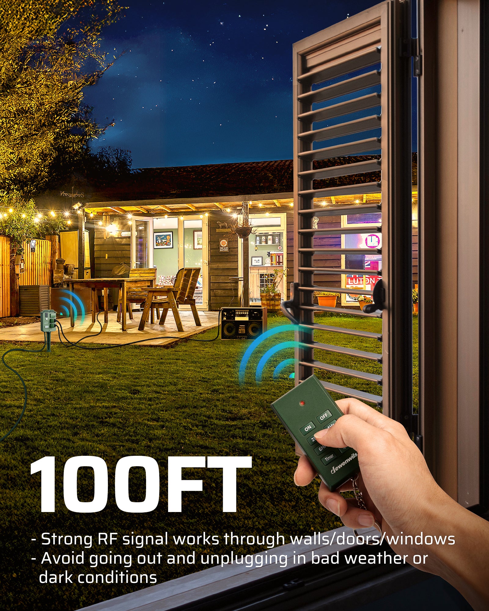 Outdoor Power Stake with Timer: 100FT RF signal works through walls/doors/windows. Avoids going out in bad weather or dark conditions to unplug.