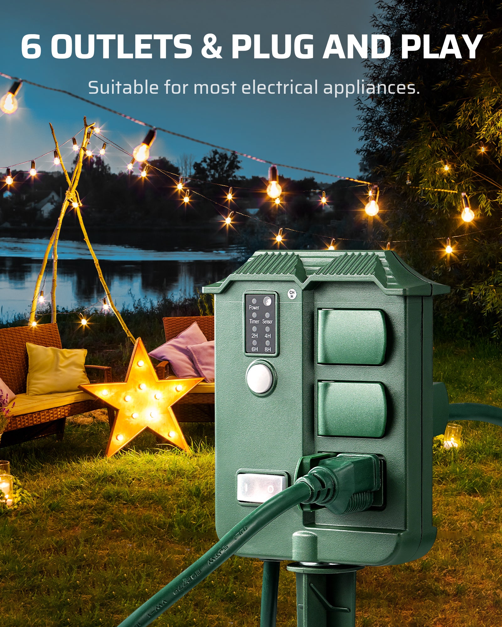 Outdoor Power Stake with Timer: 6 outlets and plug-and-play design suitable for most electrical appliances.