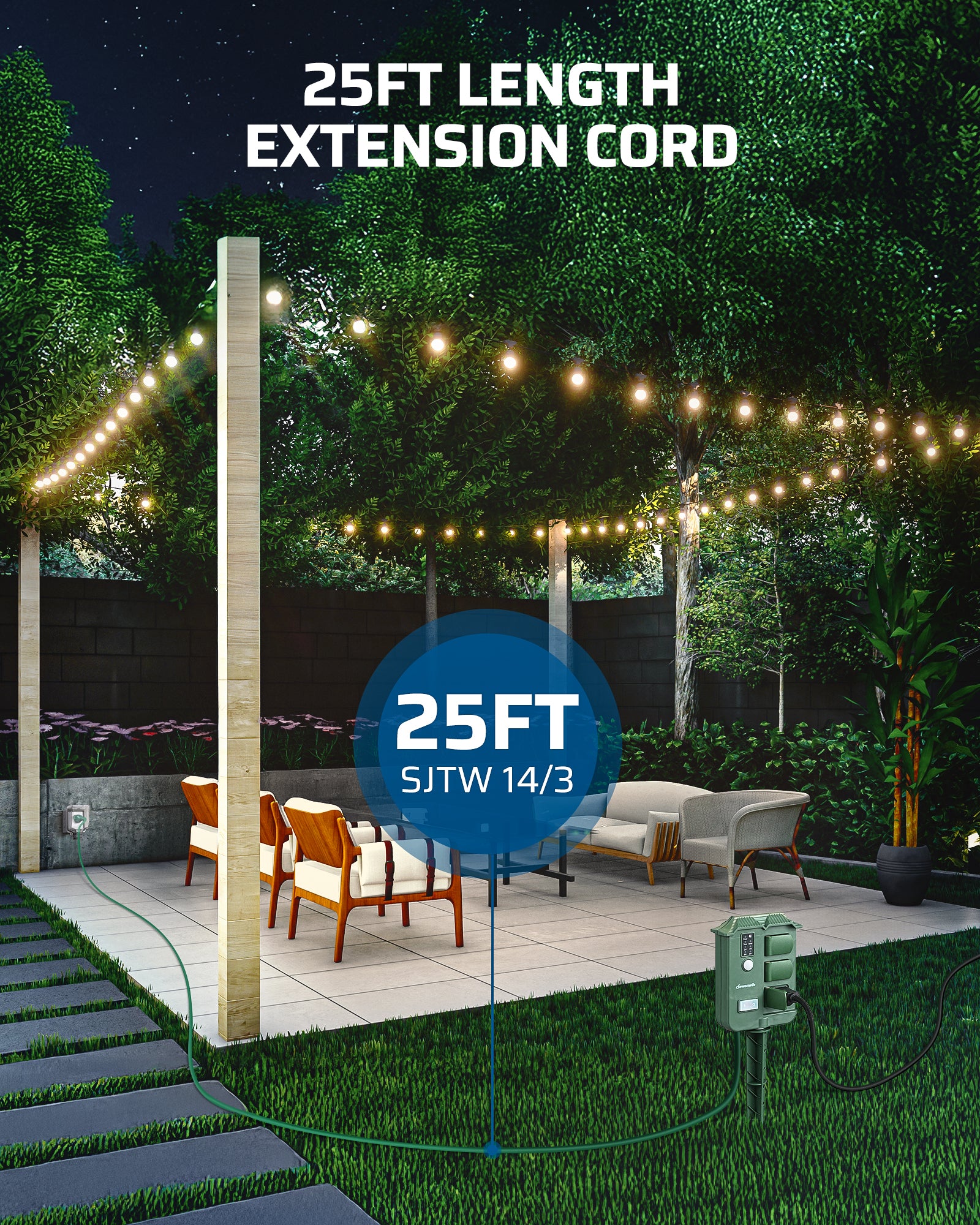 Outdoor Power Stake with Timer: 25FT SJTW 14/3 extension cord.