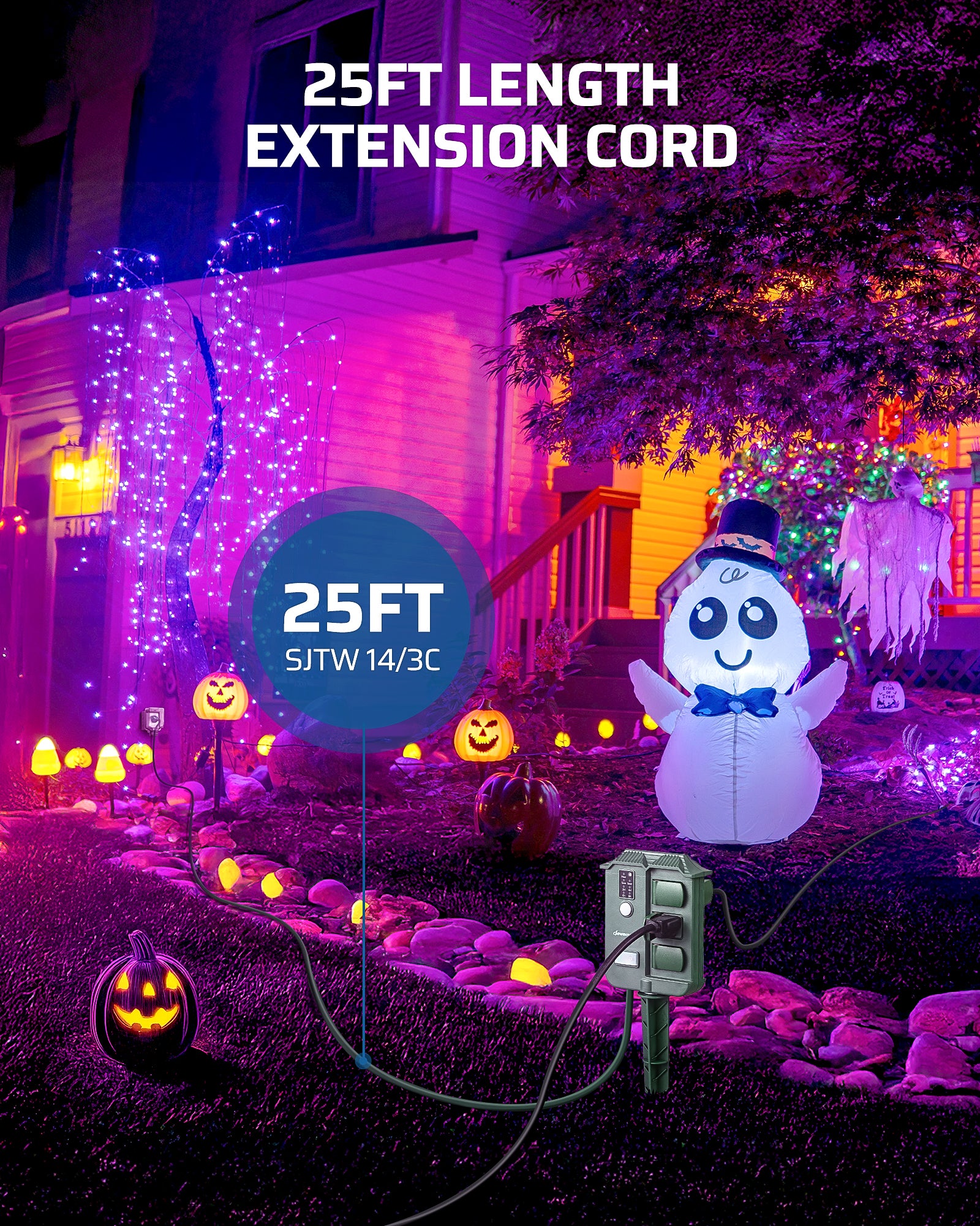 Outdoor Power Stake with Timer: 25FT SJTW 14/3 extension cord.