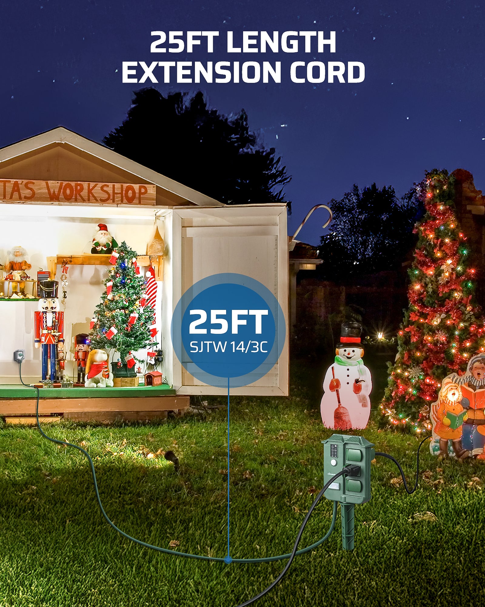 Outdoor Power Stake with Timer: 25FT SJTW 14/3 extension cord.