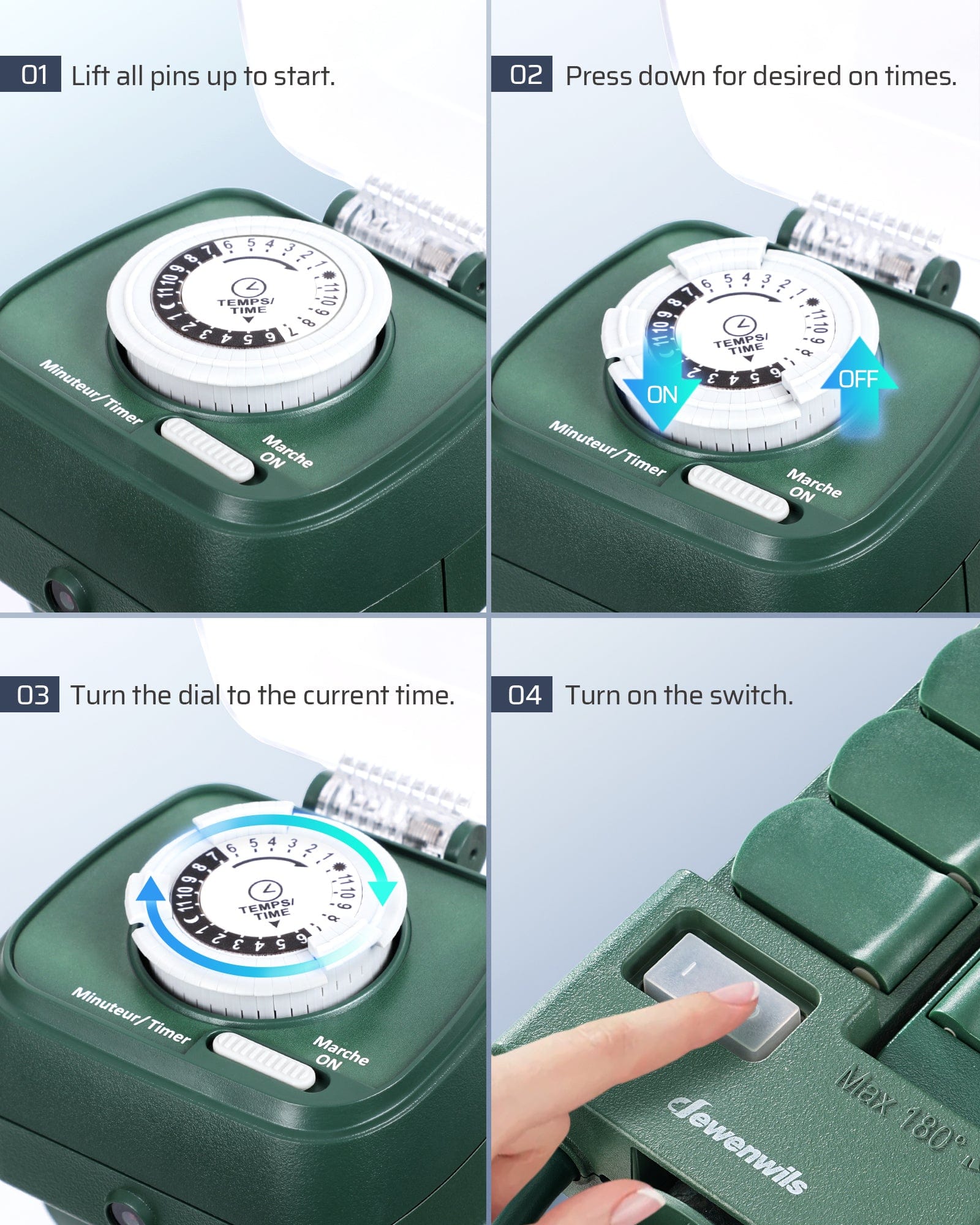 Power Stake Timer: Lift all pins, press down for ON times, rotate dial to current time, and switch on.