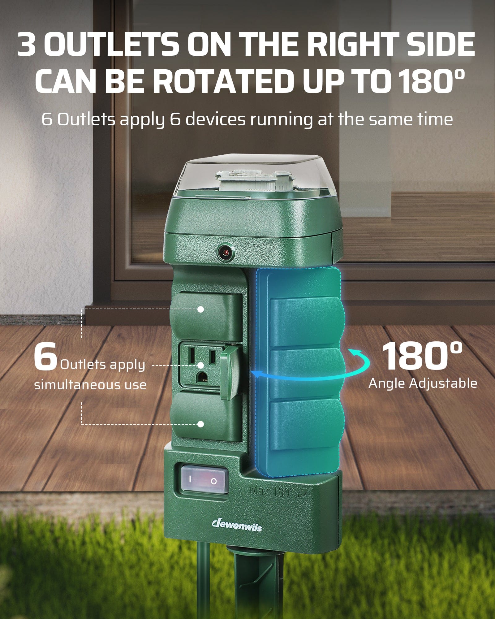 Power Stake Timer: 6 outlets total; 3 right-side outlets rotate 180° to run 6 devices simultaneously.