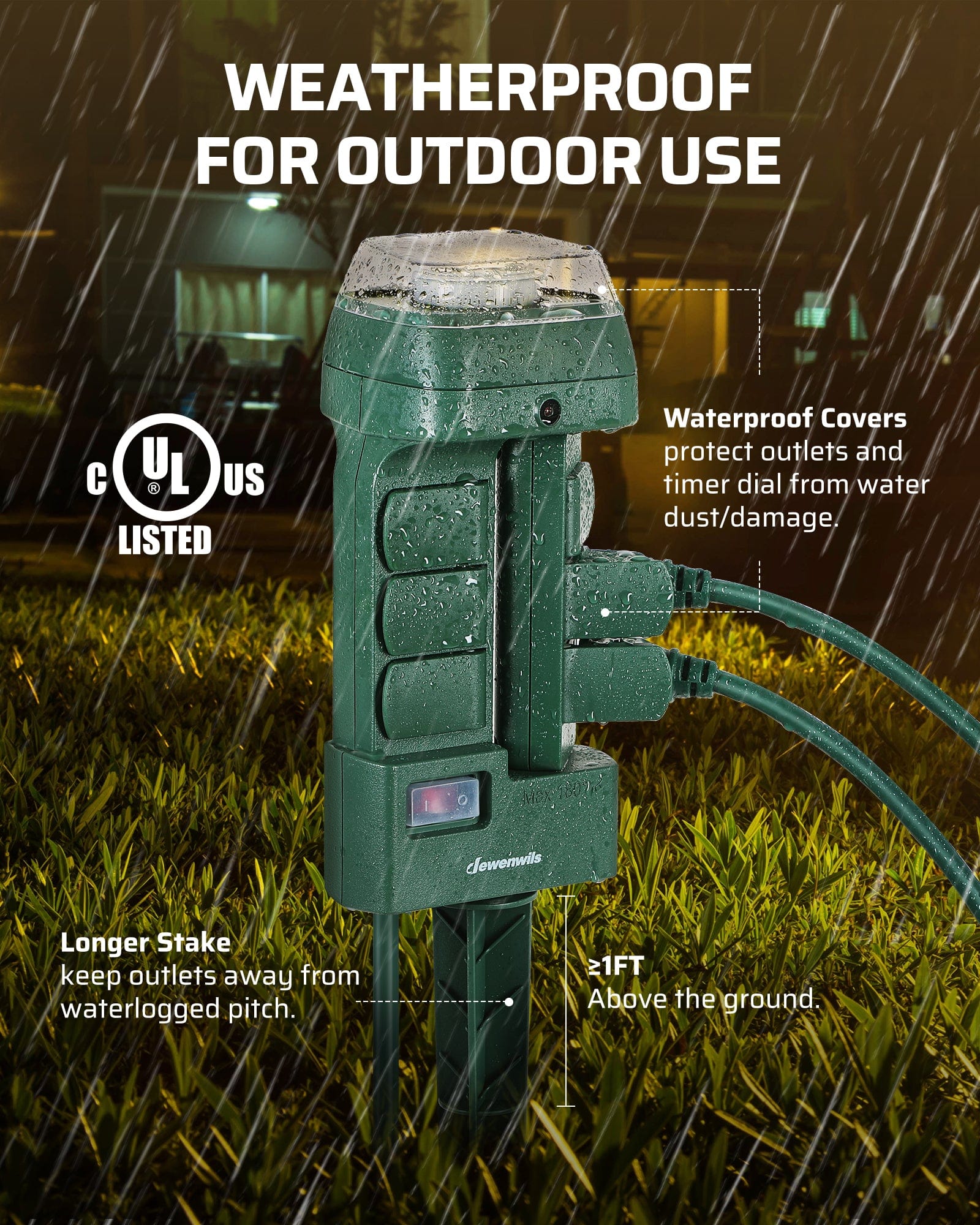 Power Stake Timer: Weatherproof for outdoor use.