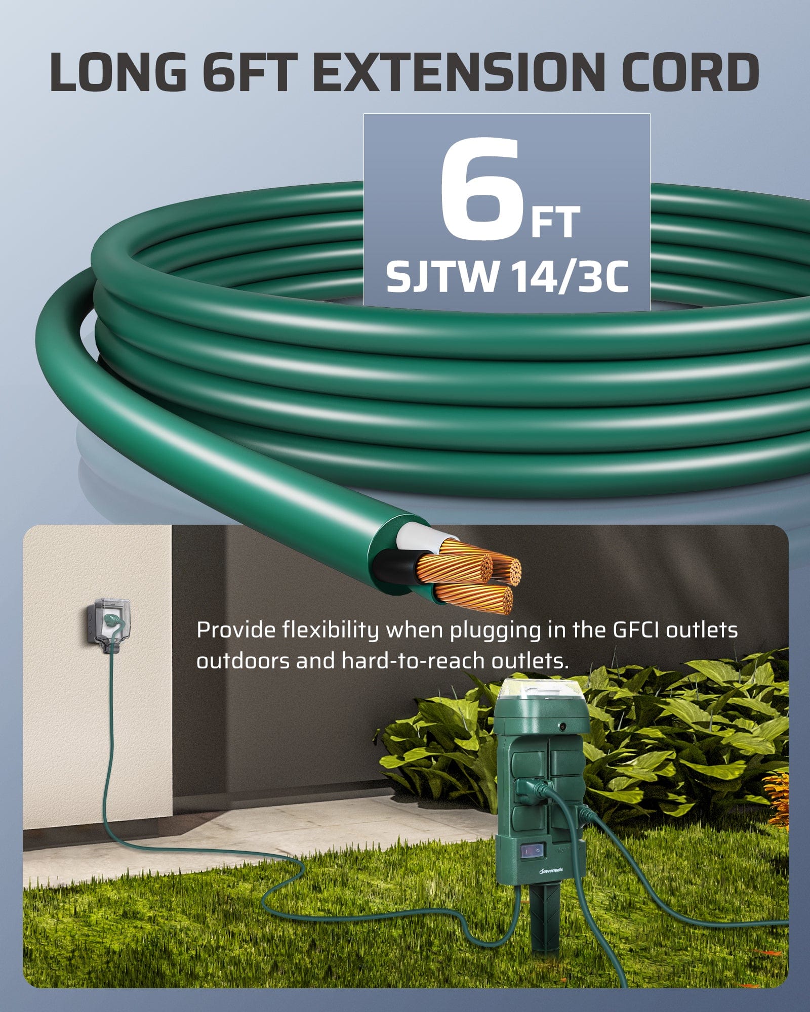 Power Stake Timer: 6ft SJTW 14/3C extension cord for GFCI and hard-to-reach outdoor outlets.