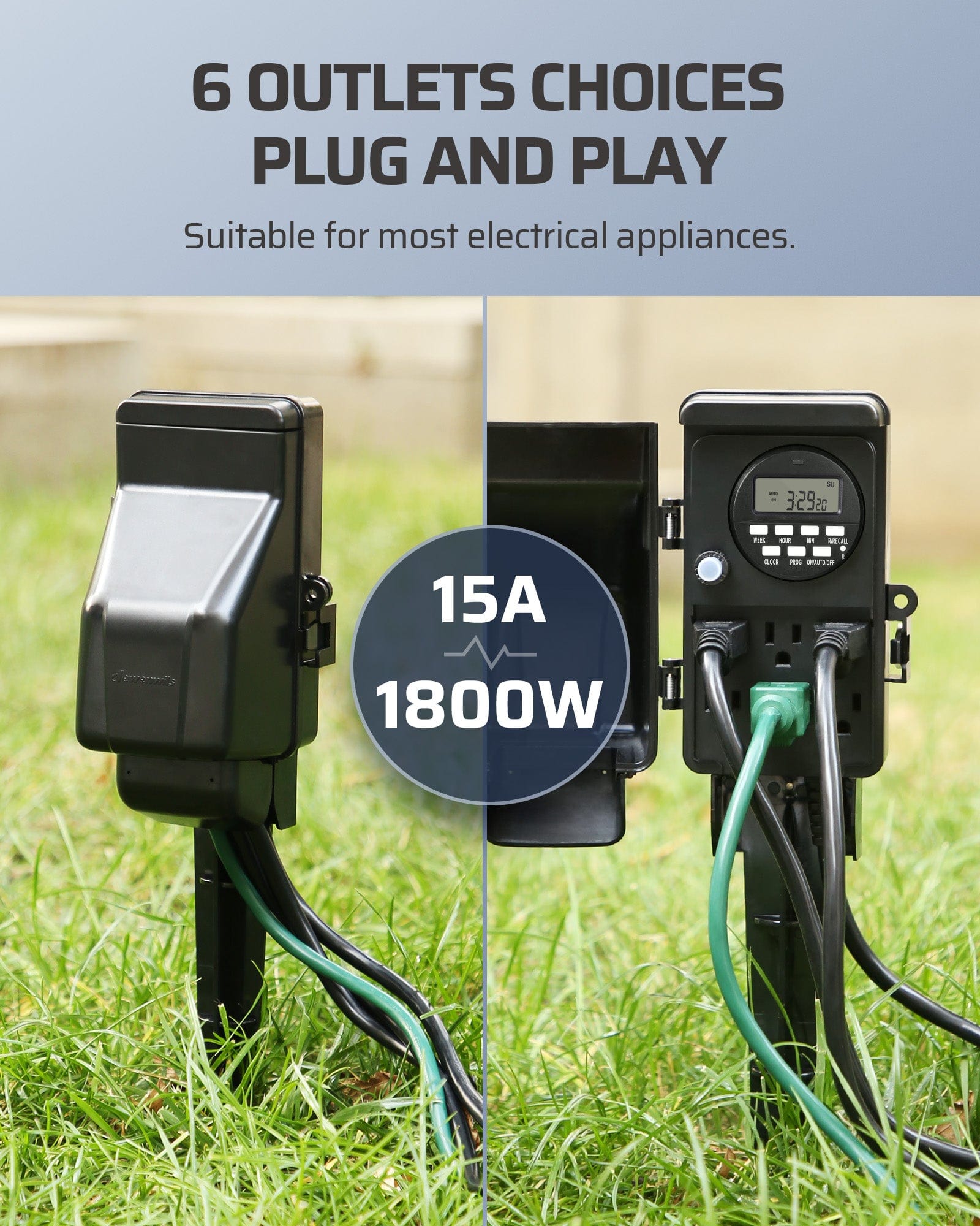 DEWENWILS Outdoor Digital Power Strip Timer, Outdoor Multi Socket Time Timer, Waterproof 6 Outlet Garden Power Stake, 6ft Cord, for Garden Lights, Christmas Decoration, 1800W/15A Heavy Duty-SHOYS22A
