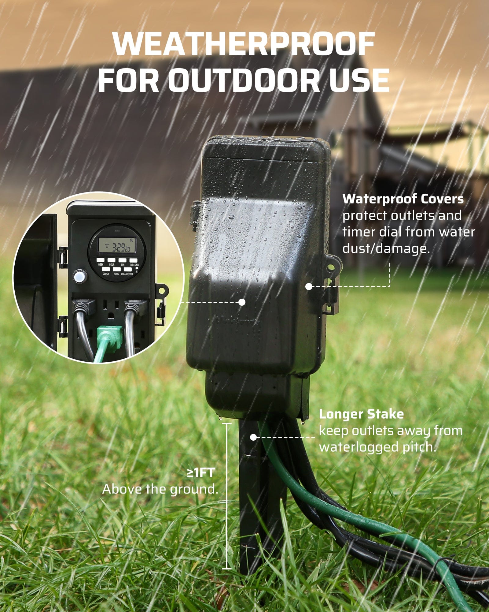 DEWENWILS Outdoor Digital Power Strip Timer, Outdoor Multi Socket Time Timer, Waterproof 6 Outlet Garden Power Stake, 6ft Cord, for Garden Lights, Christmas Decoration, 1800W/15A Heavy Duty-SHOYS22A