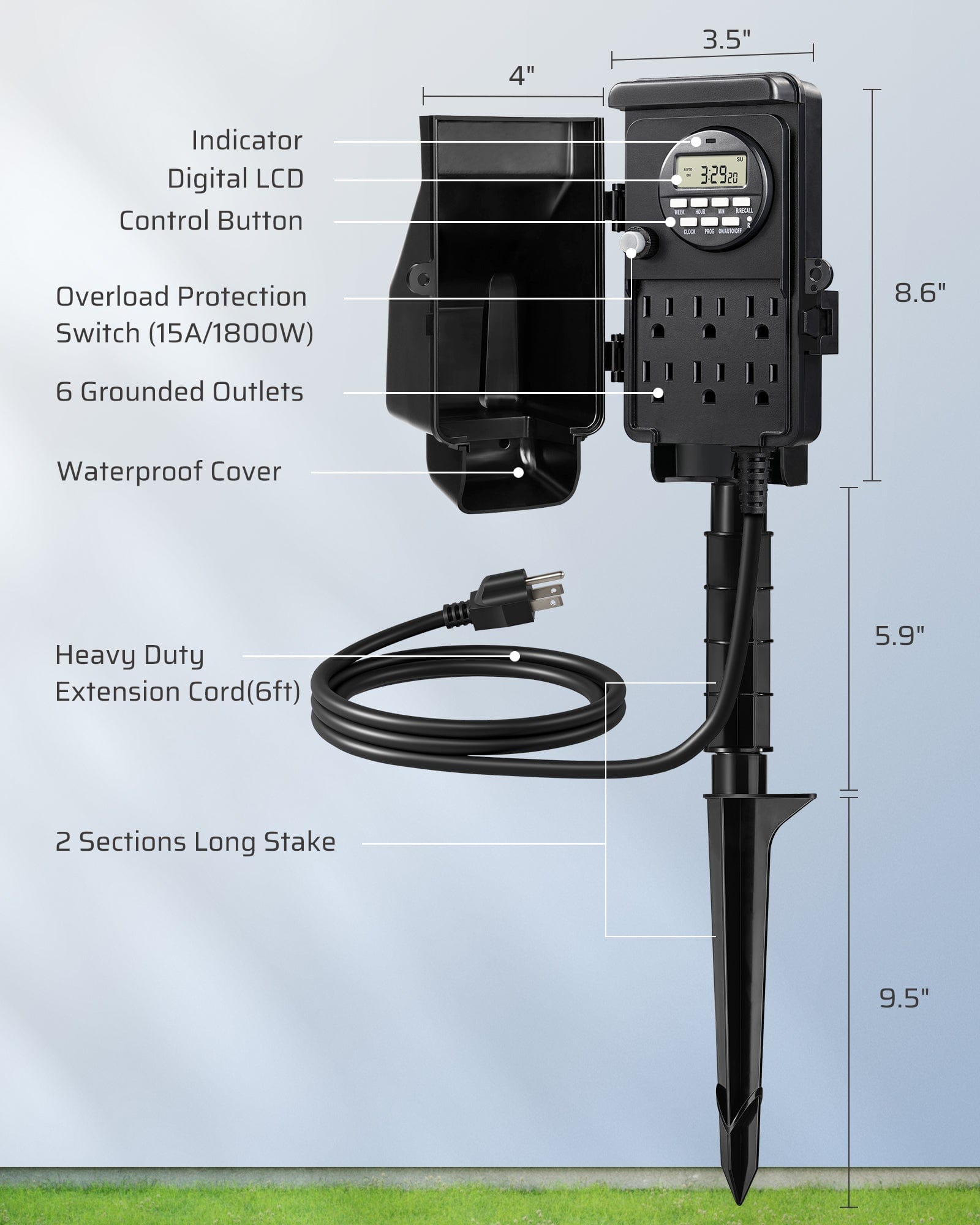 DEWENWILS Outdoor Digital Power Strip Timer, Outdoor Multi Socket Time Timer, Waterproof 6 Outlet Garden Power Stake, 6ft Cord, for Garden Lights, Christmas Decoration, 1800W/15A Heavy Duty-SHOYS22A