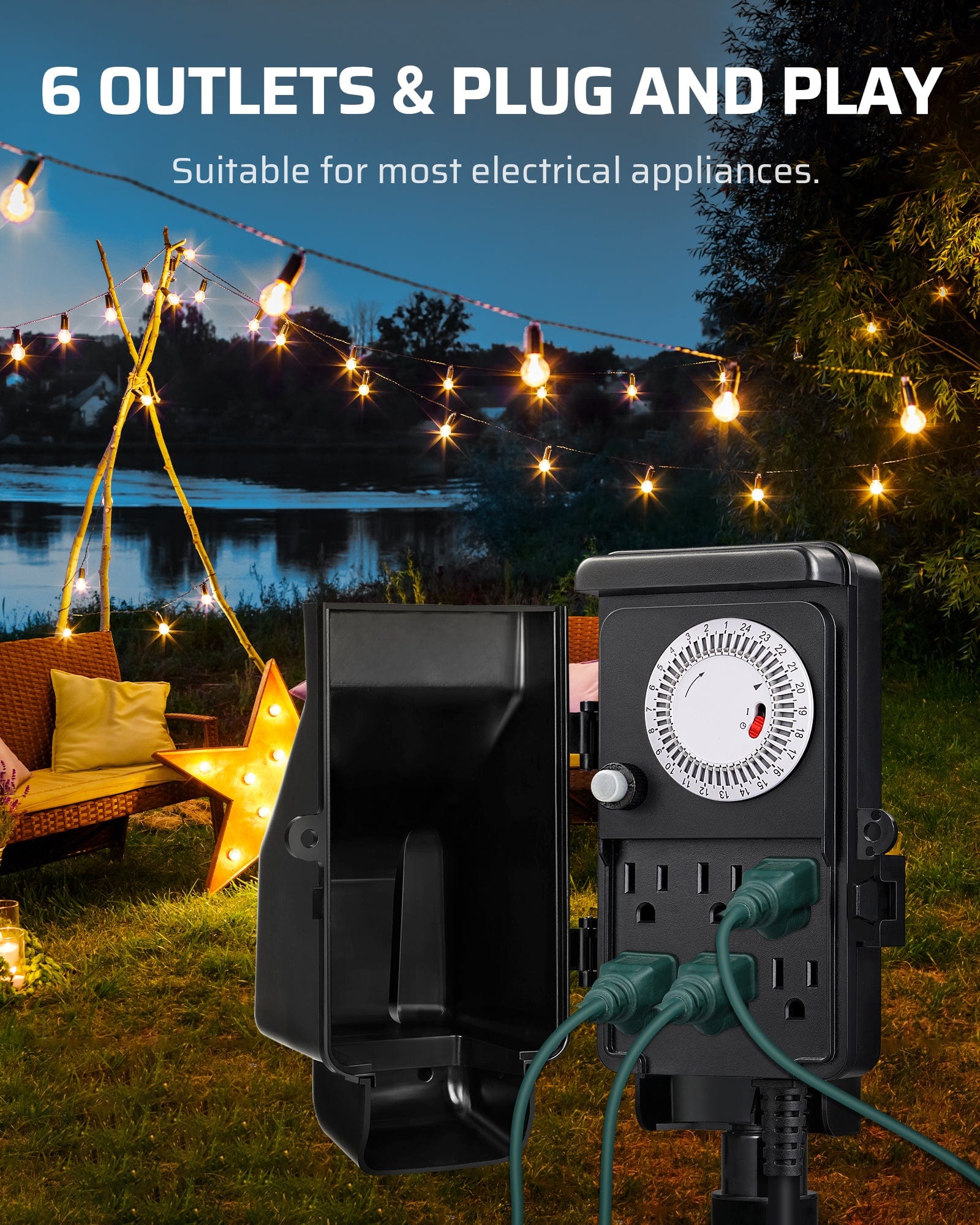 Outdoor power stake timer: 6 outlets for simultaneous use, plug-and-play setup, compatible with most electrical appliances.