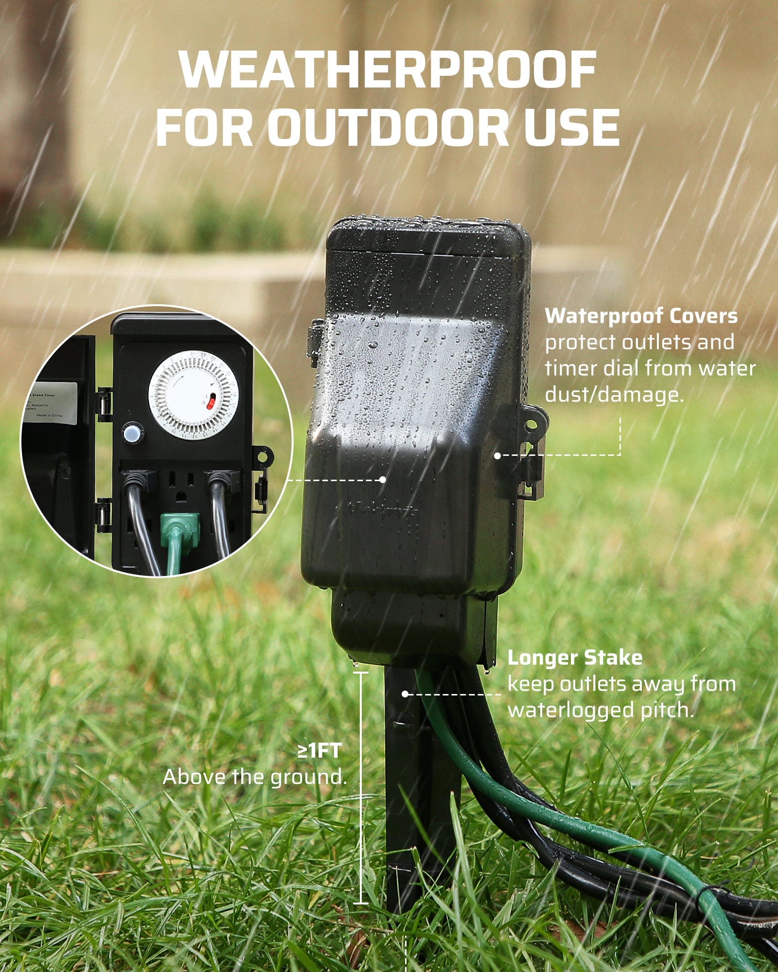 Outdoor power stake timer: Weatherproof design specifically for outdoor use.