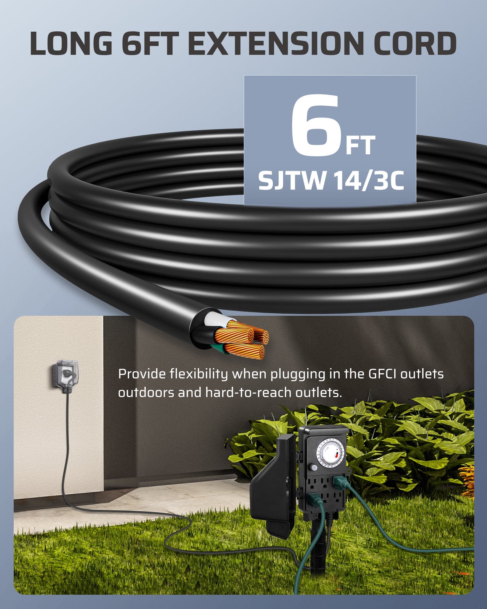 Outdoor power stake timer: 6FT SJTW 14/3C cord provides flexibility for reaching outdoor GFCI or hard-to-access outlets.