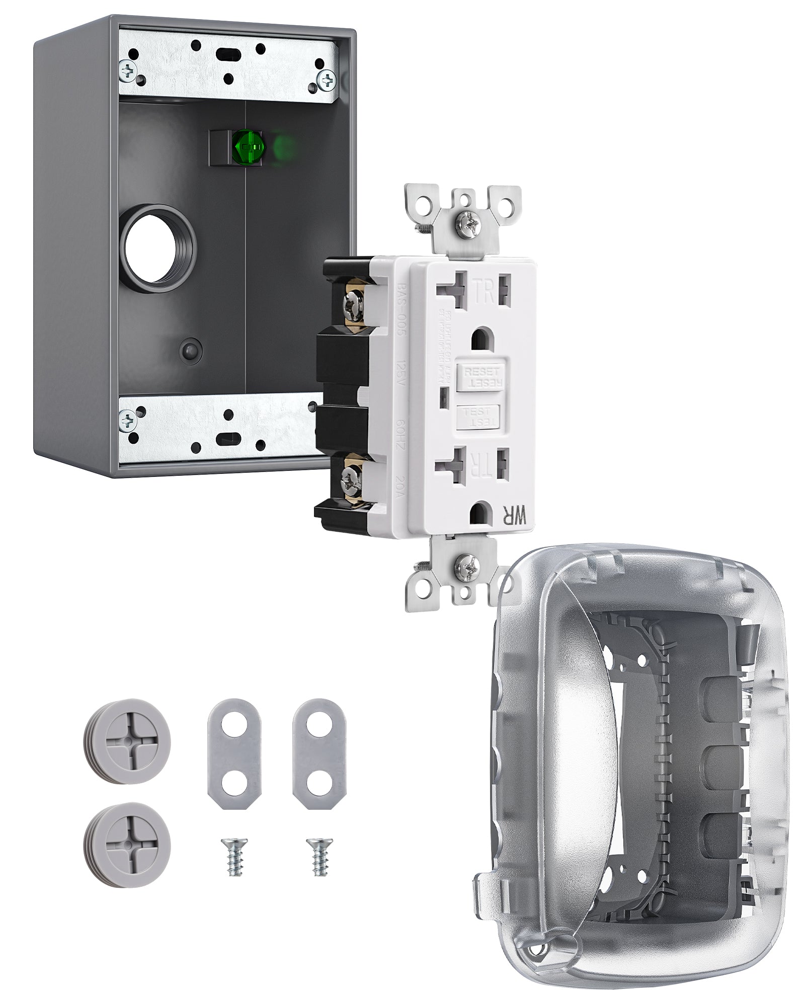 DEWENWILS 20A Outdoor Outlet Box, Heavy Duty GFCI Outlet Kit with Self Test, WR/TR, NEMA 5-20R Outdoor Electrical Box for Garden, Yard, Sports Field, White - HPCB20A