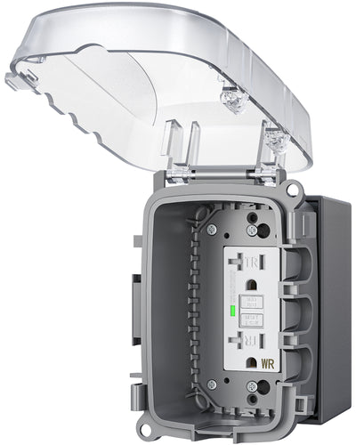 DEWENWILS 20A Outdoor Outlet Box, Heavy Duty GFCI Outlet Kit with Self Test, WR/TR, NEMA 5-20R Outdoor Electrical Box for Garden, Yard, Sports Field, White - HPCB20A
