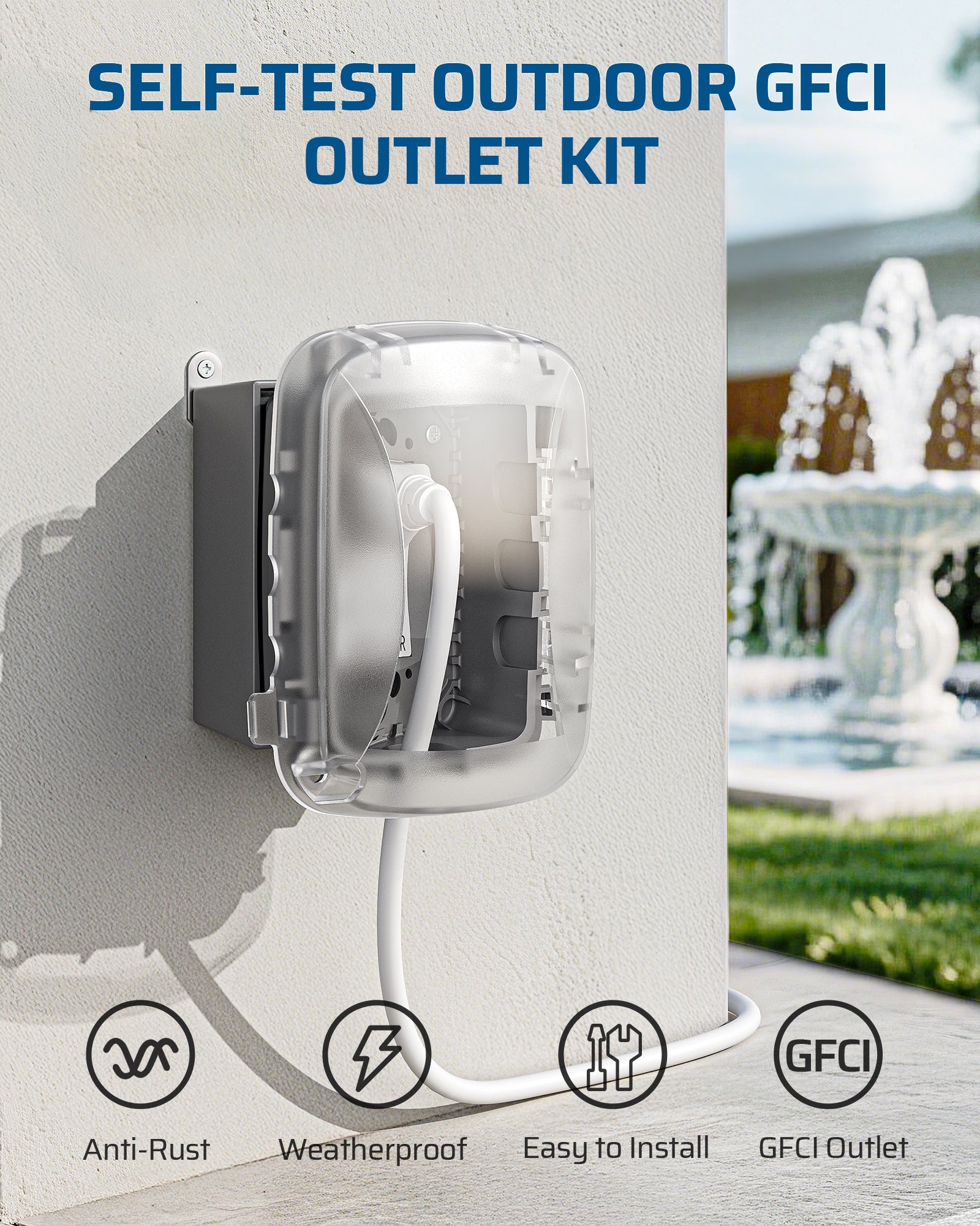 Outdoor Receptacle Box: Self-testing 20A GFCI kit with an anti-rust, NEMA-3R weatherproof metal enclosure for easy outdoor installation.