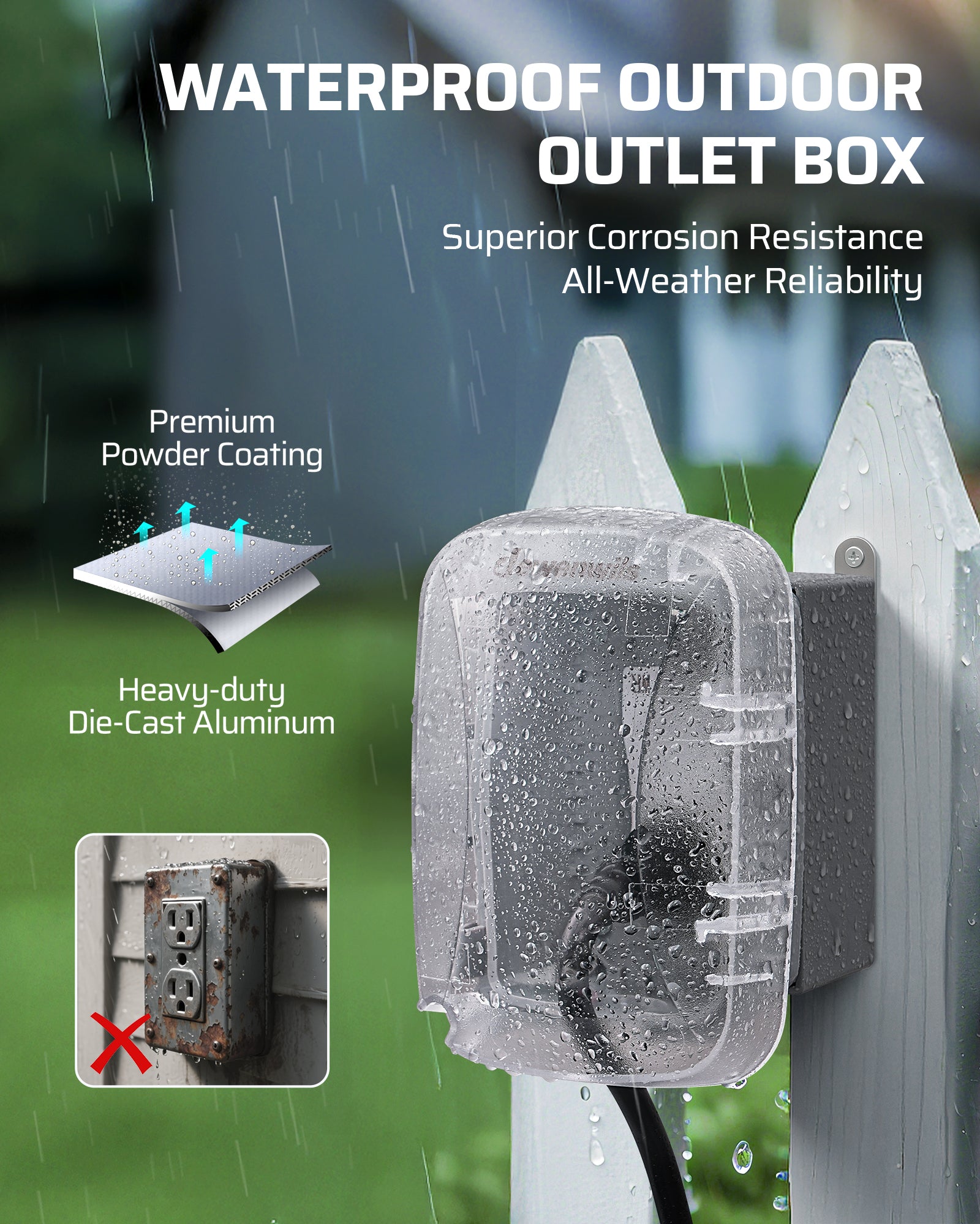 Outdoor Receptacle Box: Heavy-duty die-cast aluminum with premium powder coating for superior corrosion resistance and all-weather reliability.
