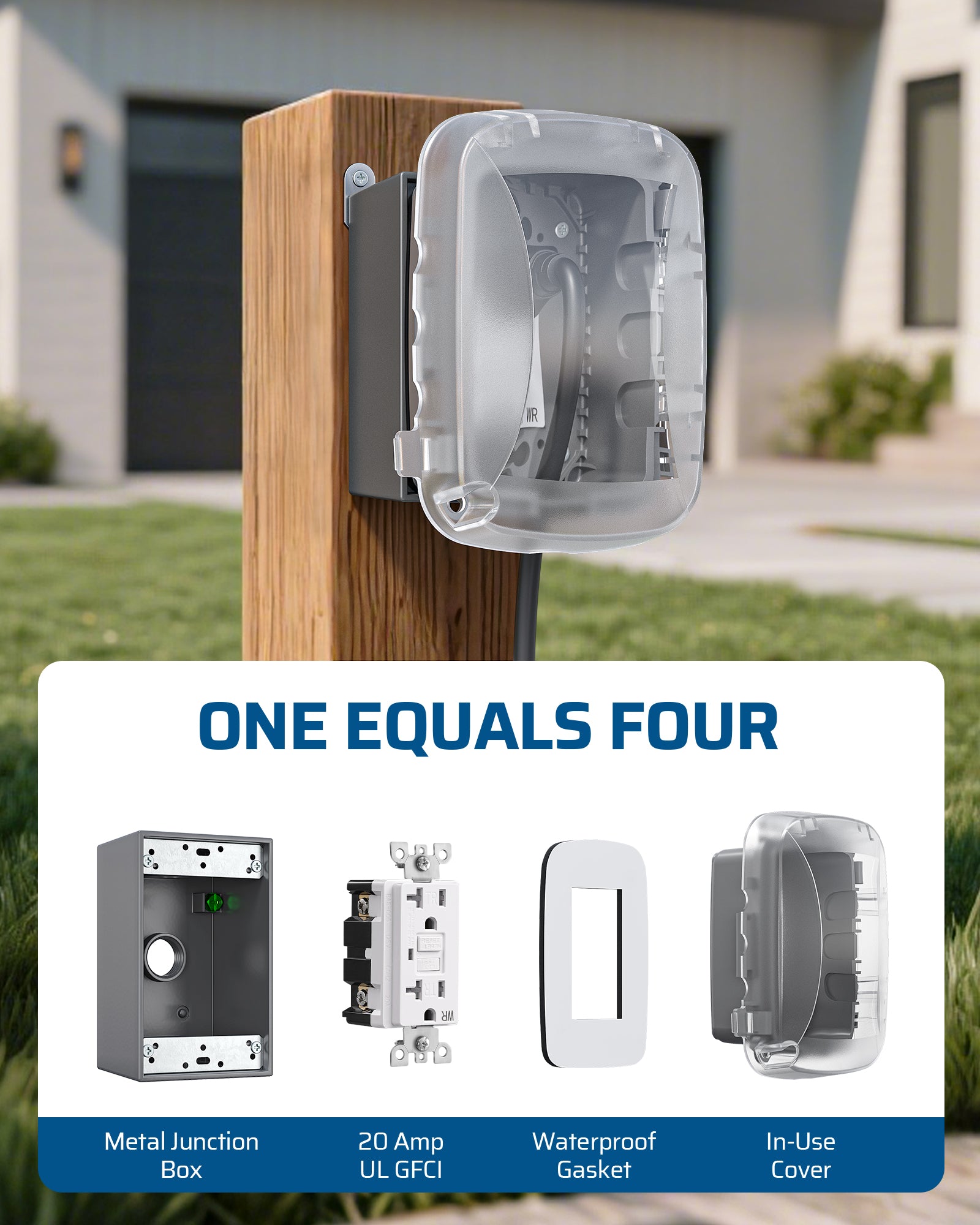 Outdoor Receptacle Box: All-in-one kit featuring a 20A UL-listed GFCI, metal junction box, waterproof gasket, and in-use cover for complete protection.