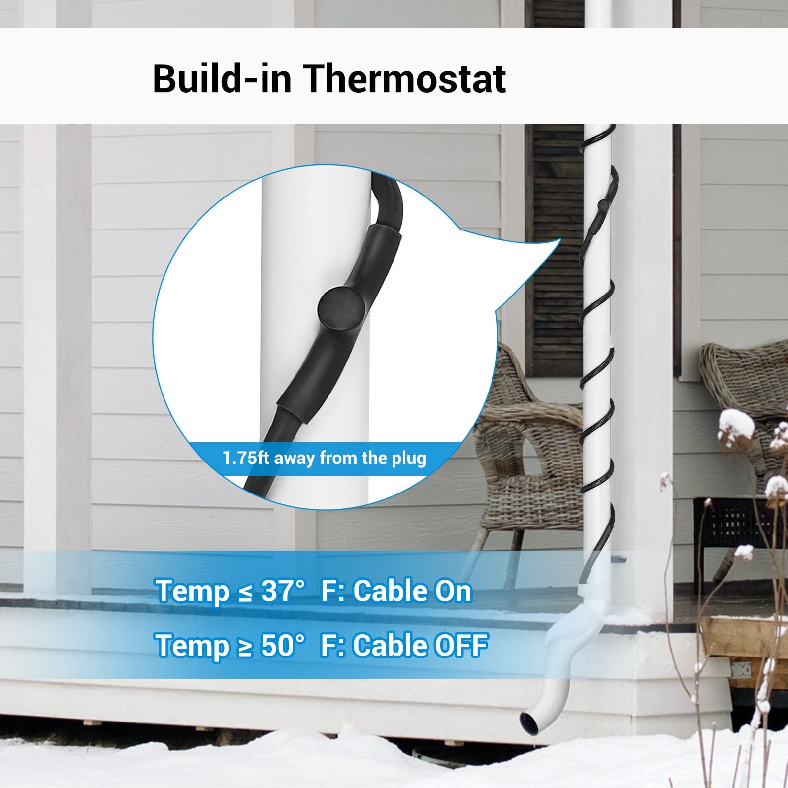 DEWENWILS 12FT Heat Cable for Pipe Freeze Protection, Snow De-Icing Cable with Build in Thermostat-HPHC03A