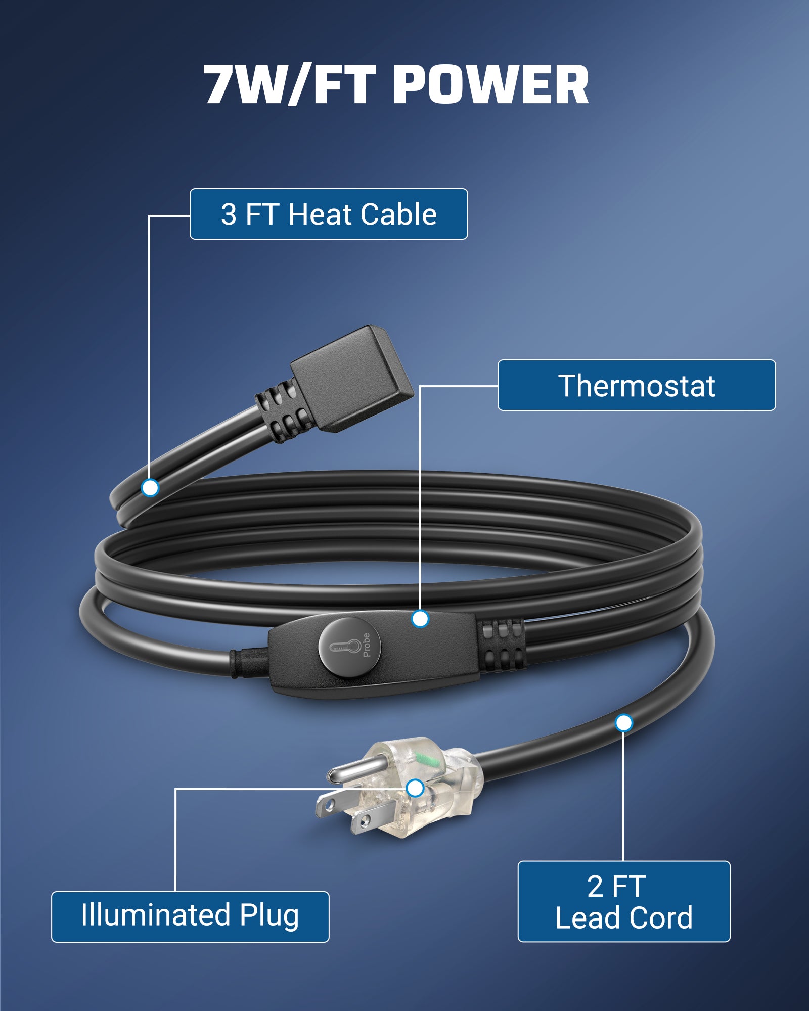 DEWENWILS 3FT Water Pipe Heat Cable for Pipe Freeze Protection, 120V Snow Heating De-Icing Cable with Build-in Thermostat, 7W/ft Water Pipe Heat Tape for PVC, Metal and Plastic Pipe-HPHC03D