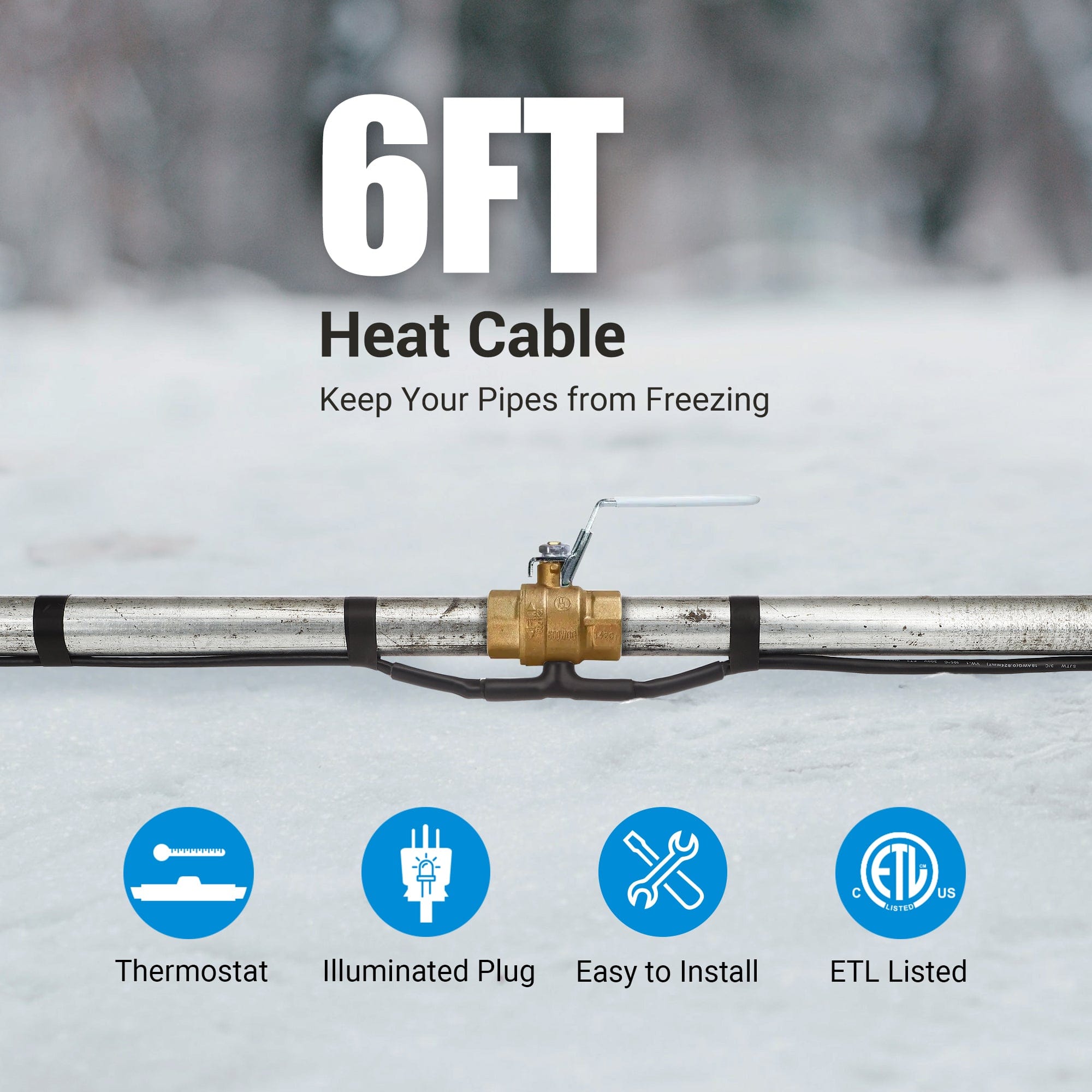 DEWENWILS 6FT Heat Cable for Pipe Freeze Protection, Snow De-Icing Cable with Build in Thermostat-HPHC06A
