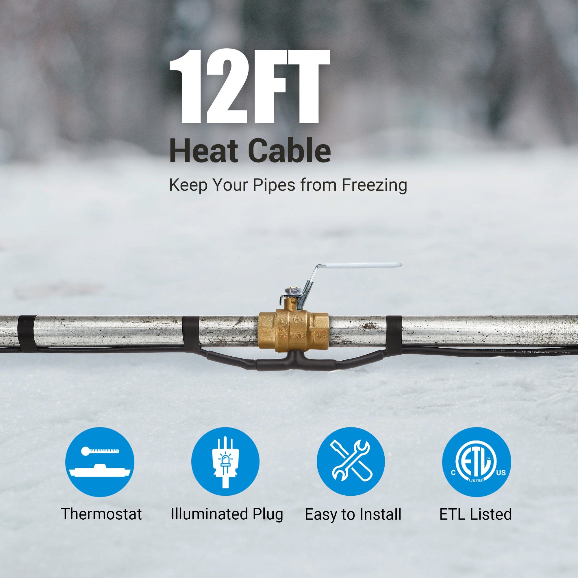 DEWENWILS 12FT Heat Cable for Pipe Freeze Protection, Snow De-Icing Cable with Build in Thermostat-HPHC12A