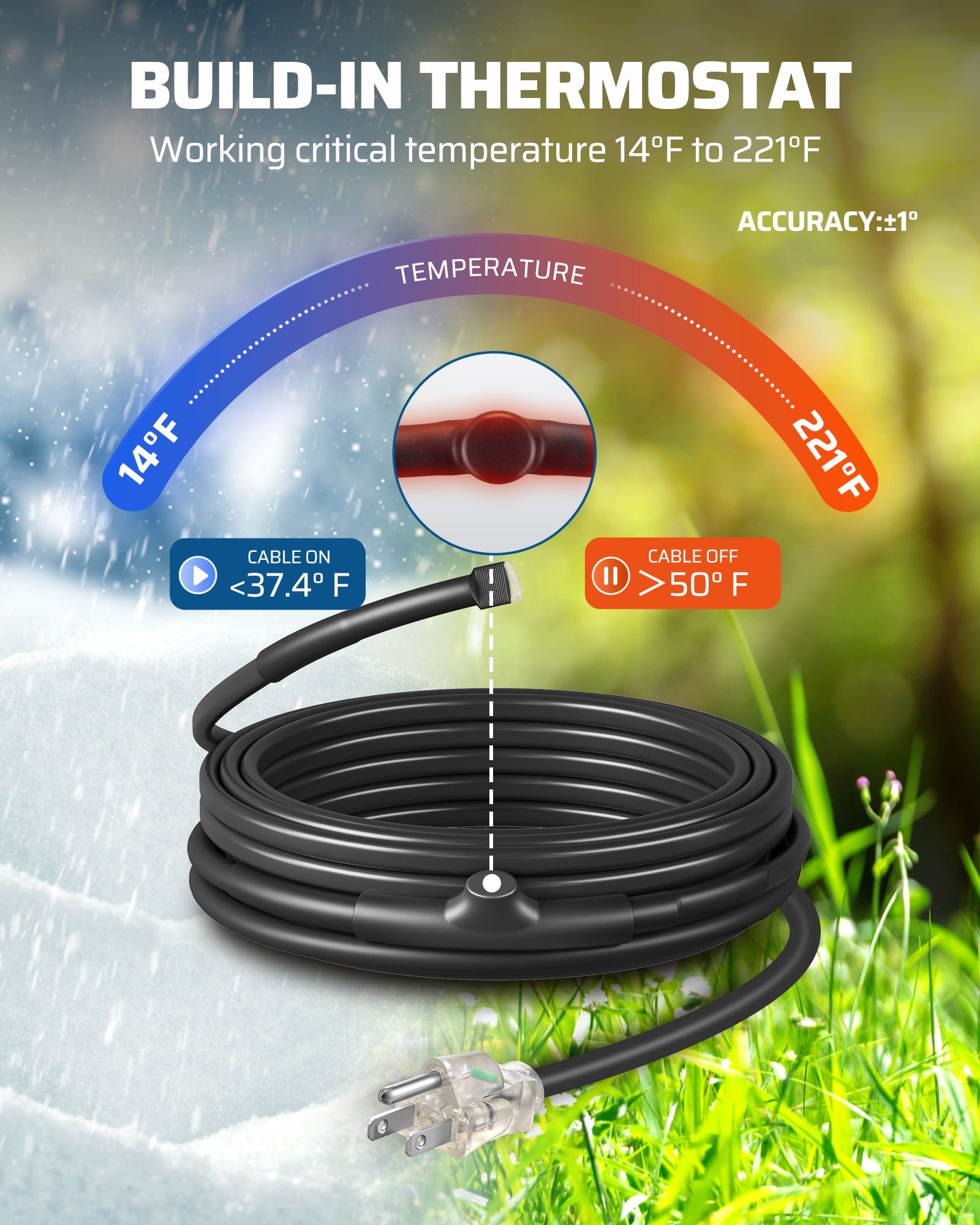 DEWENWILS 15FT Water Pipe Heat Cable for Pipe Freeze Protection, 120V Snow Heating De-Icing Cable with Build-in Thermostat, 7W/ft Water Hose Heat Tape for PVC, Metal and Plastic Pipe-HPHC15A