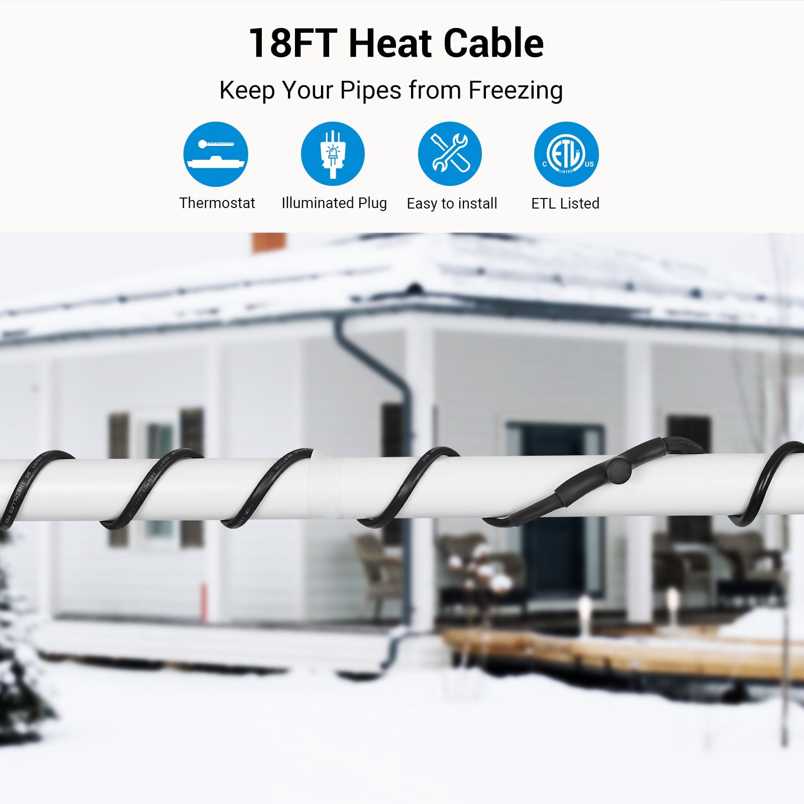 DEWENWILS 18ft Heat Cable for Pipe Freeze Protection, Snow De-Icing Cable with Build in Thermostat-HPHC18A