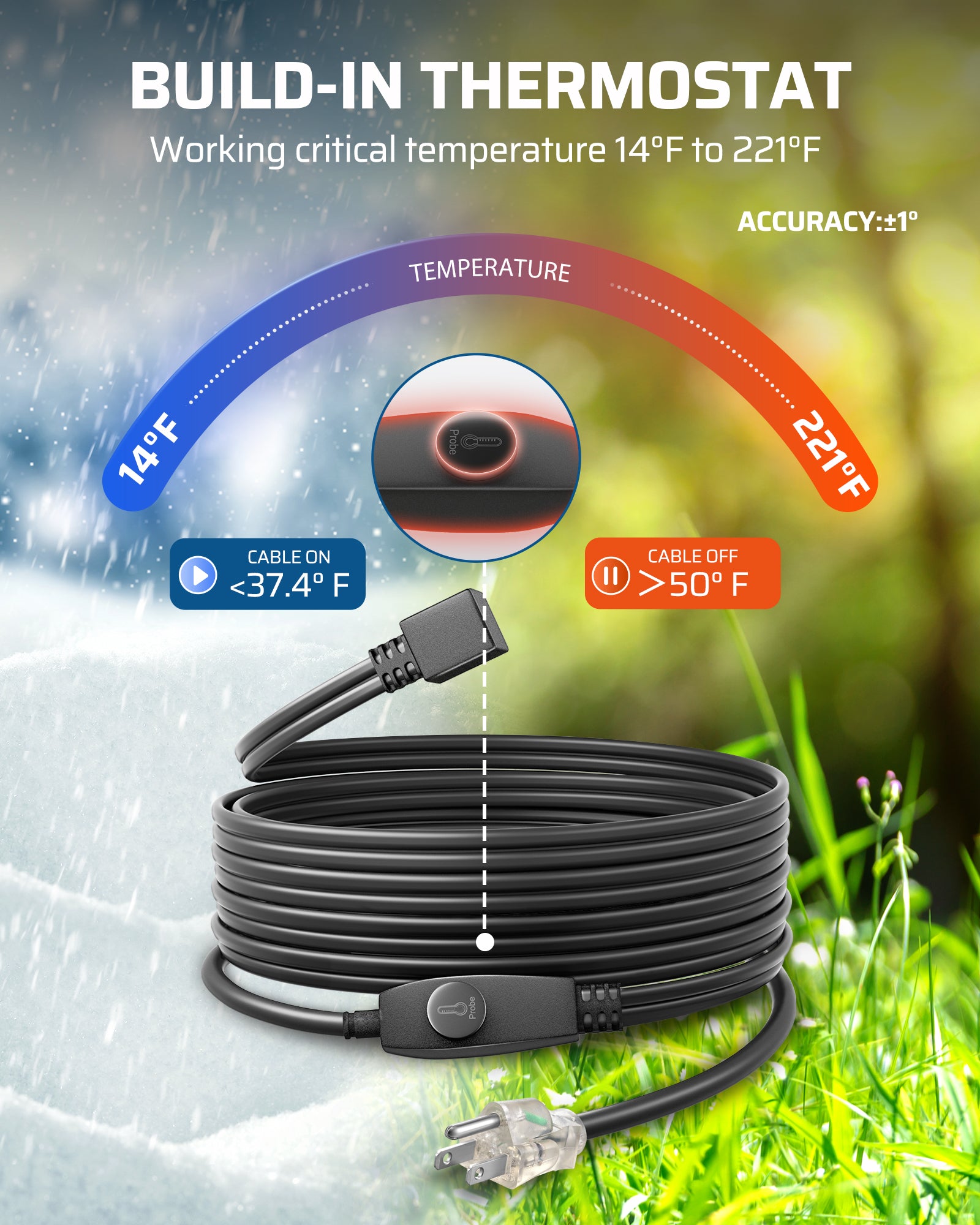 DEWENWILS 18FT Water Pipe Heat Cable for Pipe Freeze Protection, 120V Snow Heating De-Icing Cable with Build-in Thermostat, 7W/ft Water Pipe Heat Tape for PVC, Metal and Plastic Pipe-HPHC18D