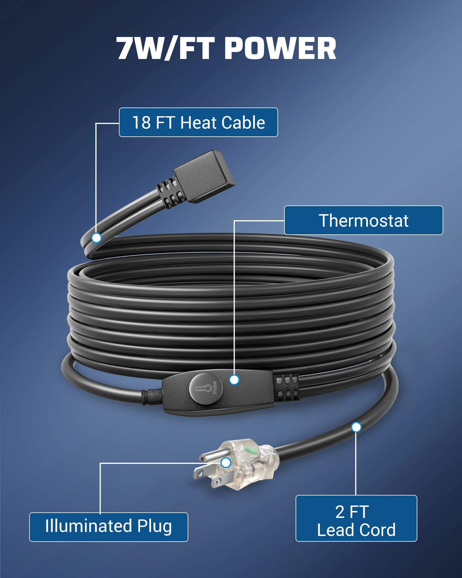 DEWENWILS 18FT Water Pipe Heat Cable for Pipe Freeze Protection, 120V Snow Heating De-Icing Cable with Build-in Thermostat, 7W/ft Water Pipe Heat Tape for PVC, Metal and Plastic Pipe-HPHC18D